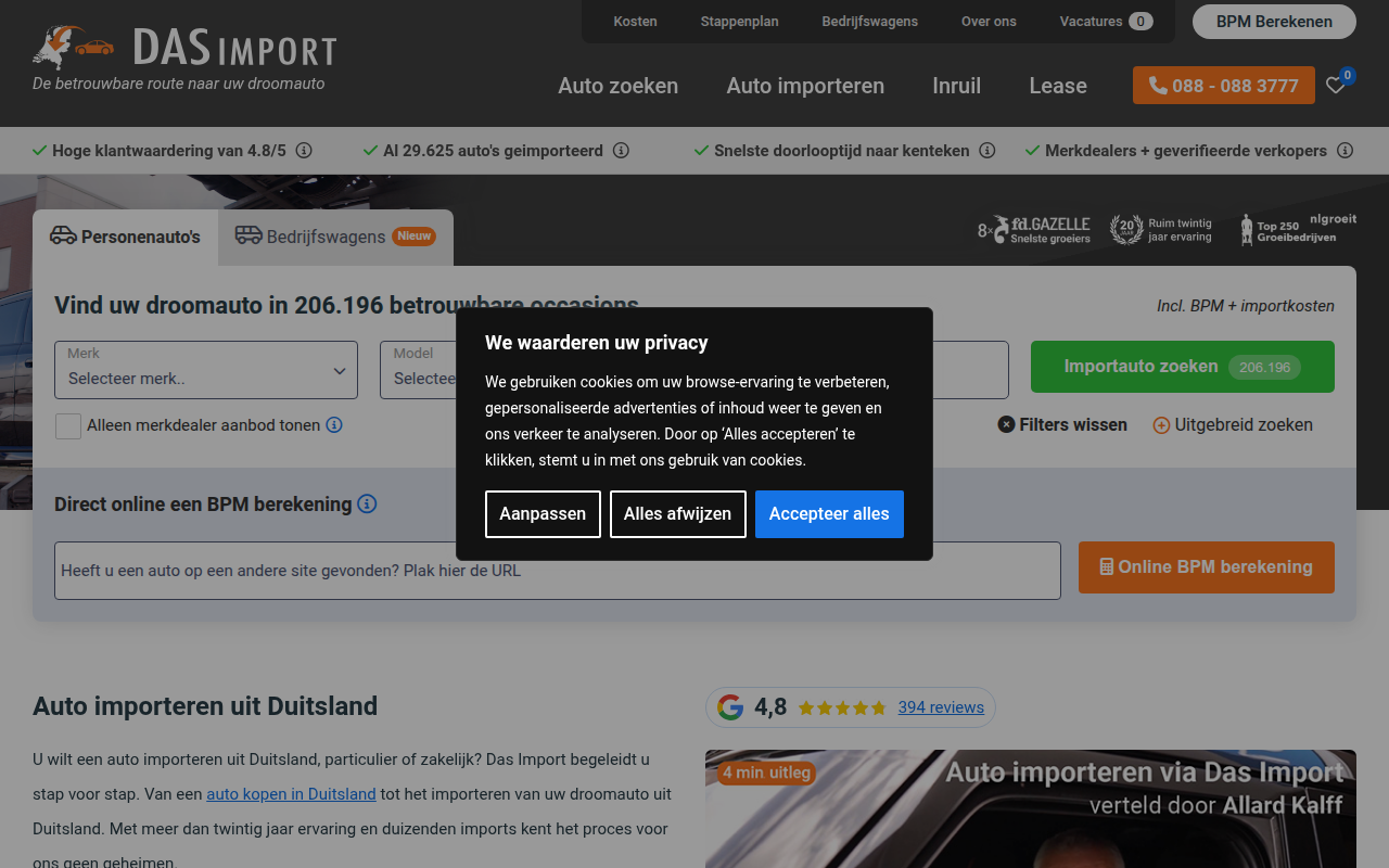 Screenshot van dasimport.nl