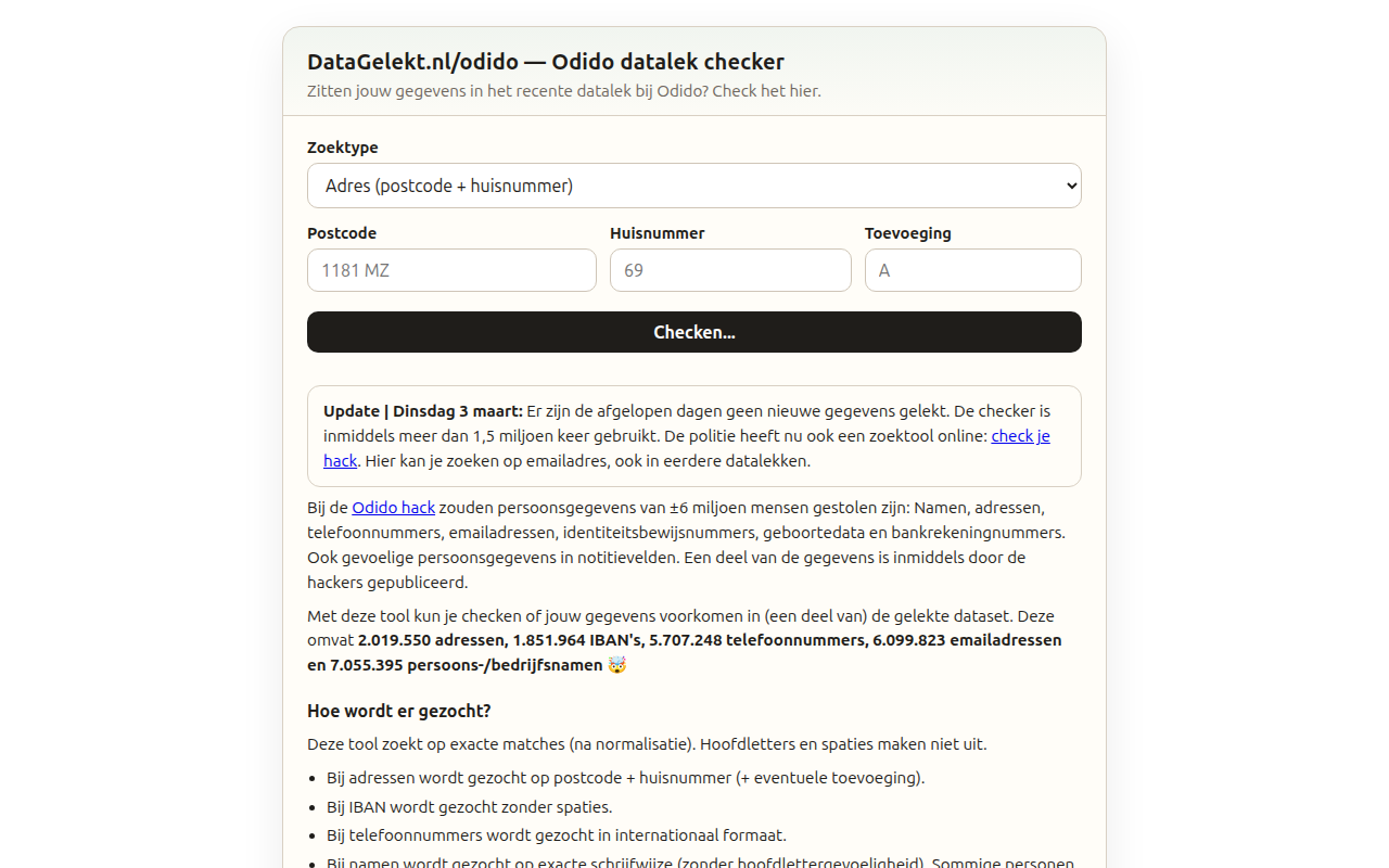 Screenshot van datagelekt.nl