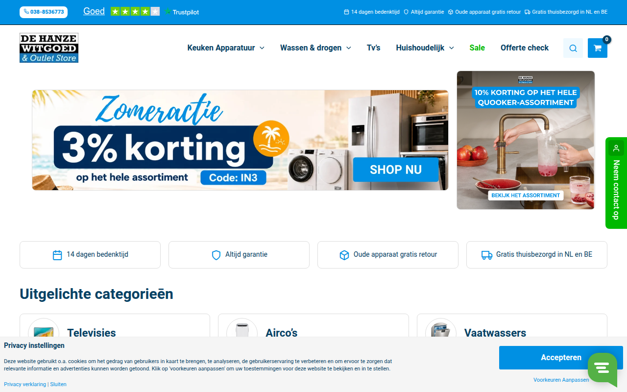 Screenshot van dehanzewitgoed.nl