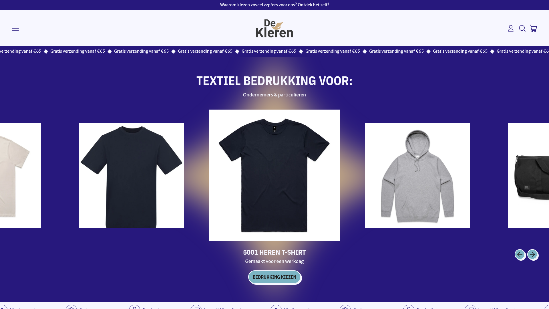 Screenshot van 
      Bedrukte kleding voor ondernemers, zzp’ers en particulieren

        – De Kleren