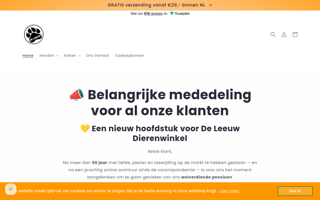 Screenshot van deleeuwdierenwinkel.nl