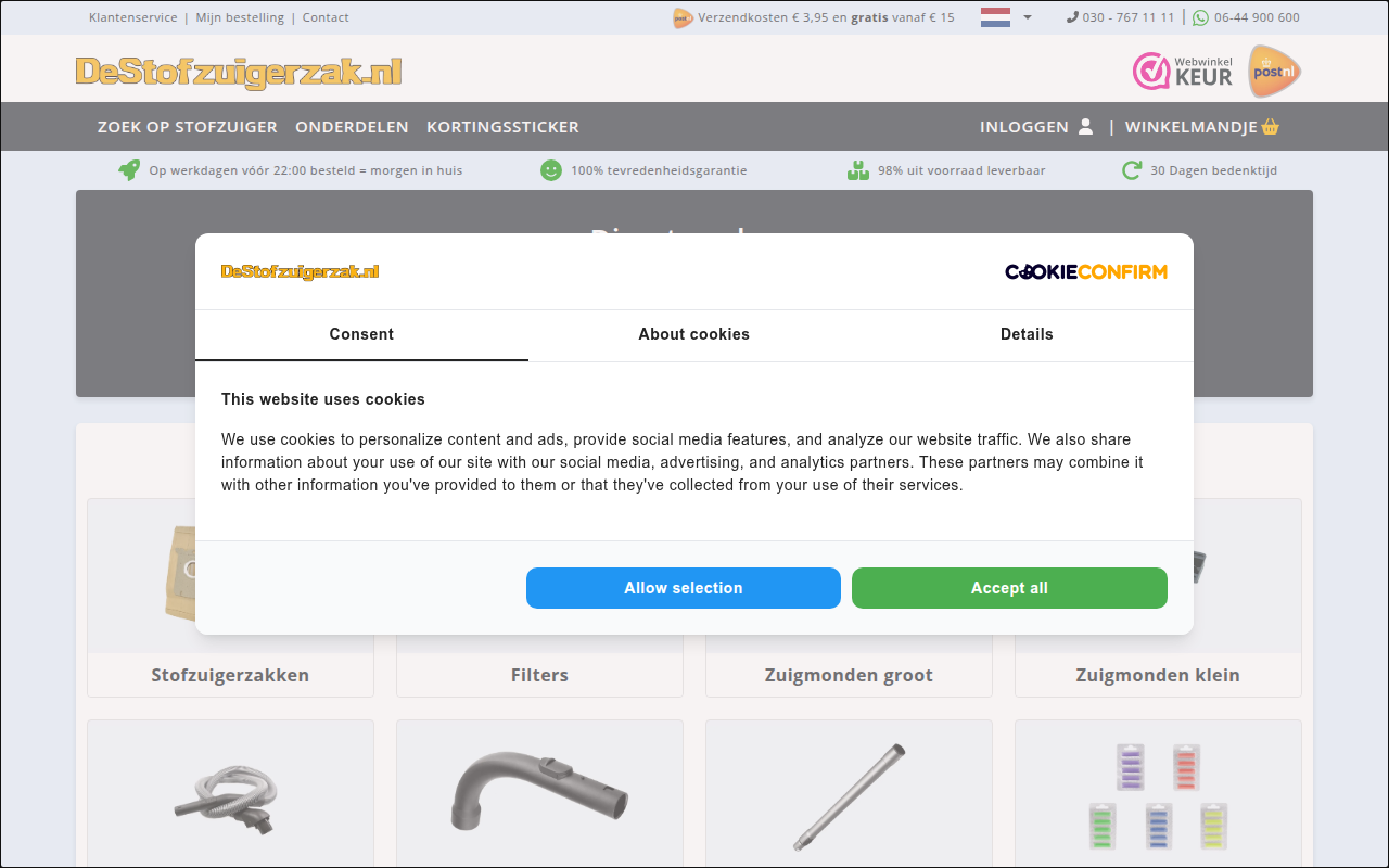Screenshot van destofzuigerzak.nl