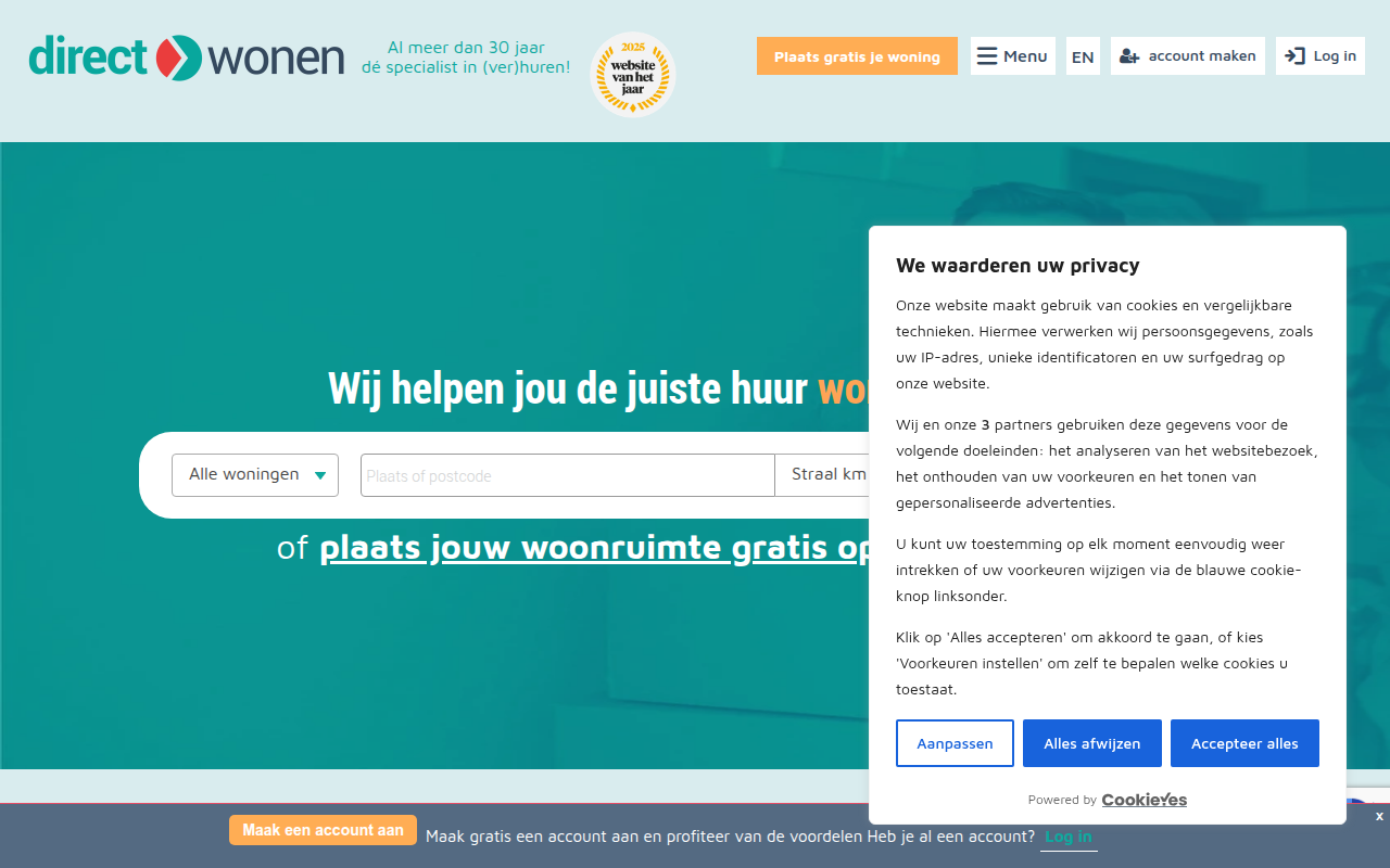Screenshot van directwonen.nl