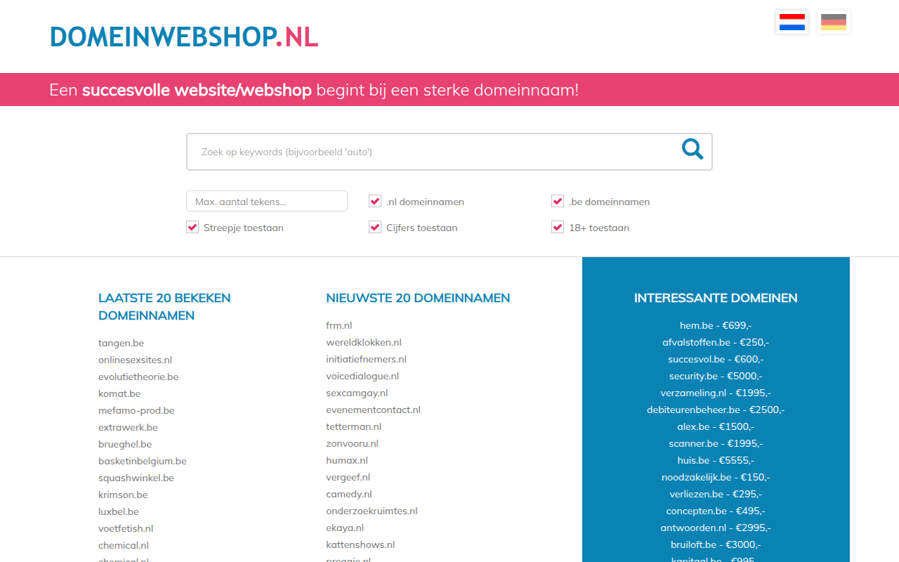Screenshot van domeinwebshop.nl