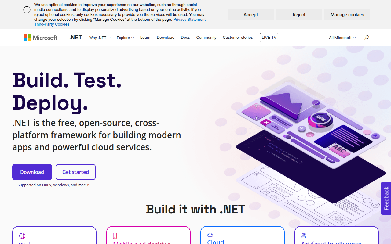 Screenshot van dotnet.microsoft.com