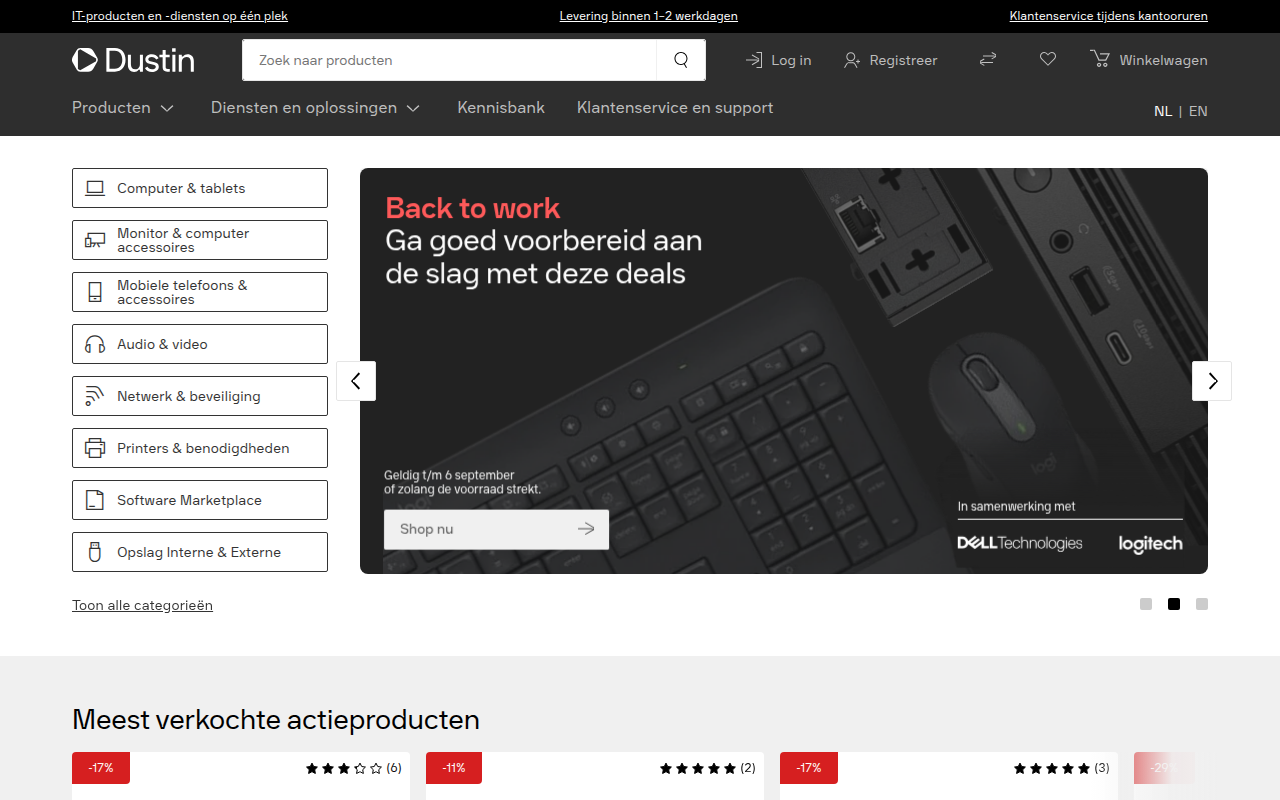 Screenshot van dustin.nl