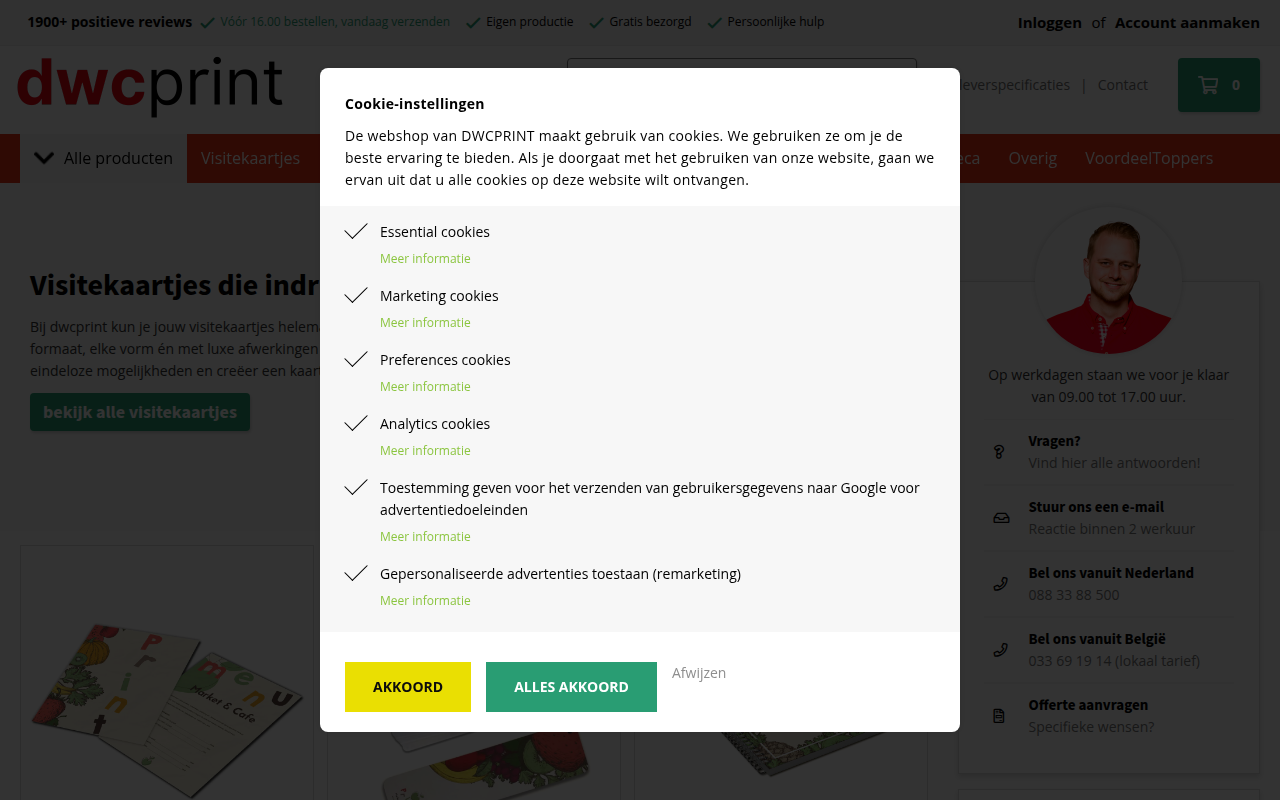 Screenshot van dwcprint.nl