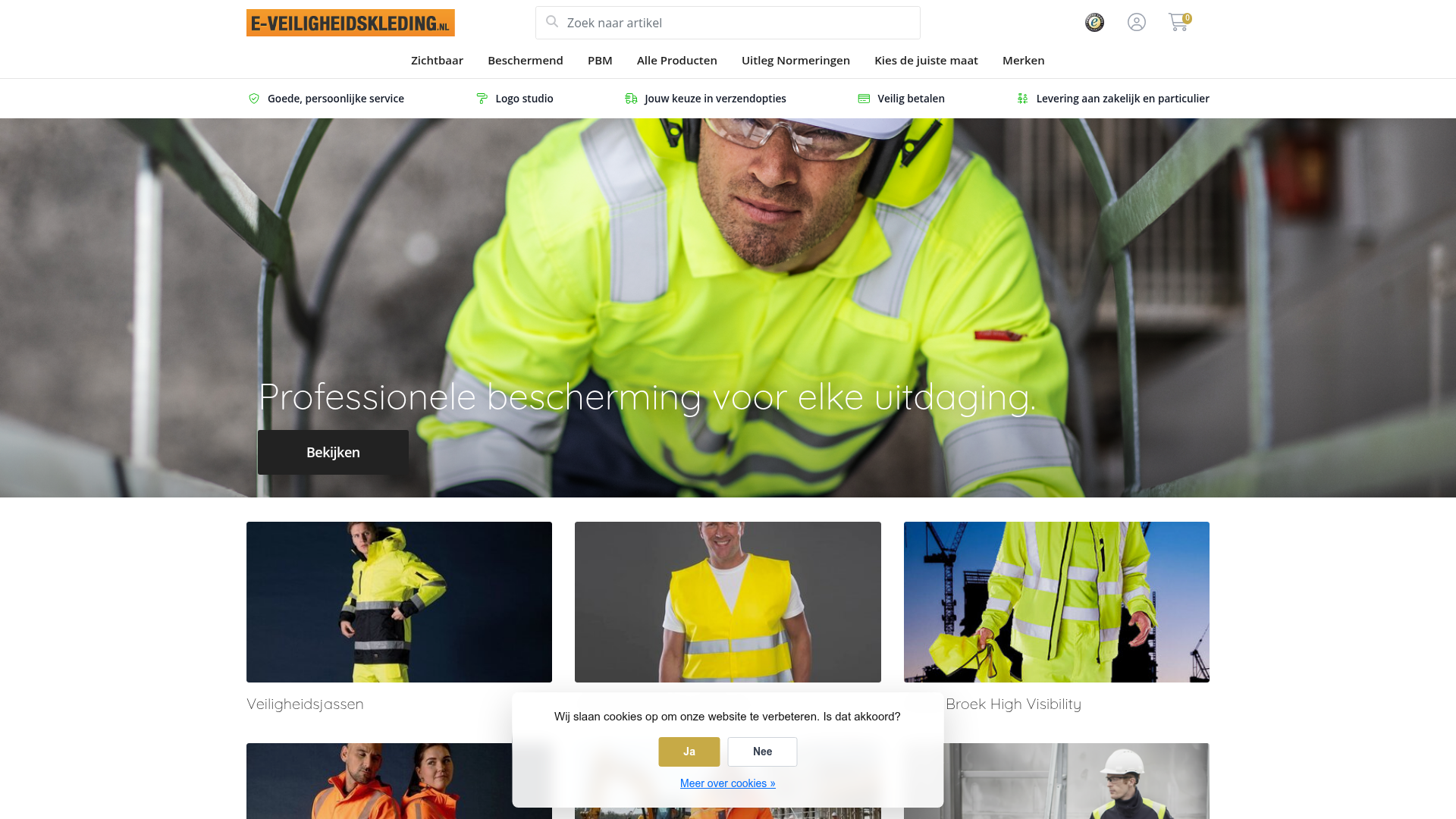 Screenshot van e-veiligheidskleding.nl
