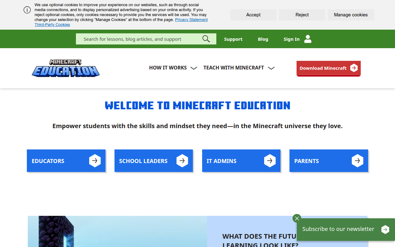Screenshot van education.minecraft.net