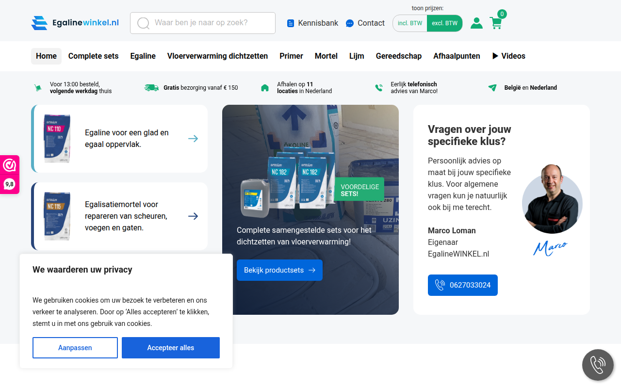 Screenshot van egalinewinkel.nl