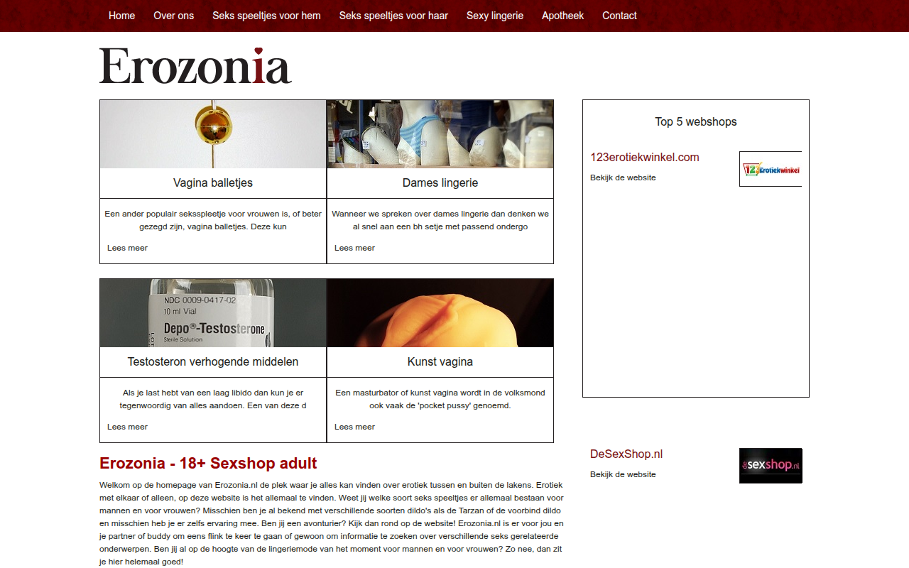 Screenshot van erozonia.nl