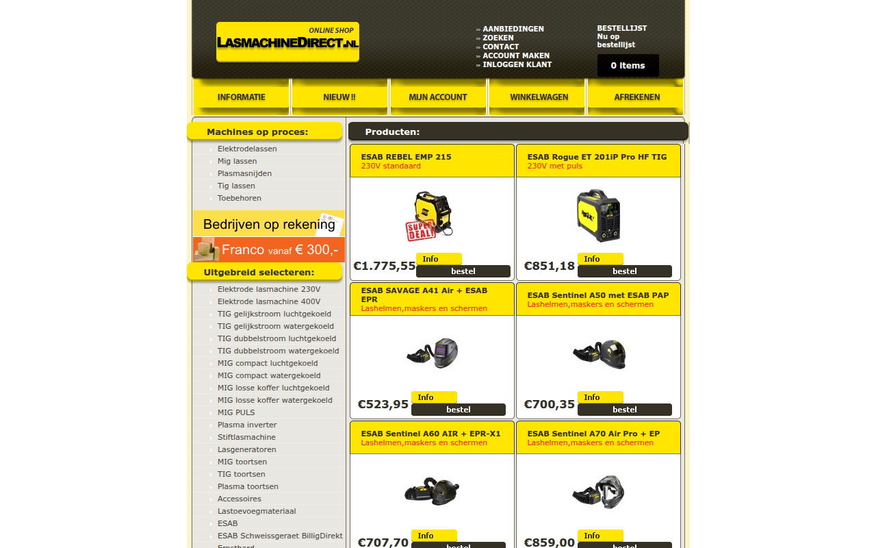 Screenshot van esab.lasmachinedirect.nl