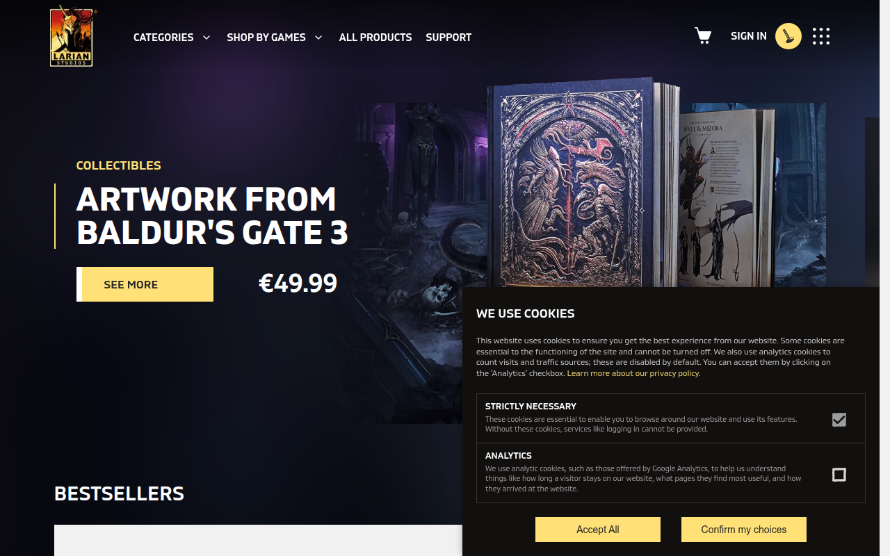Screenshot van eu.merch.larian.com
