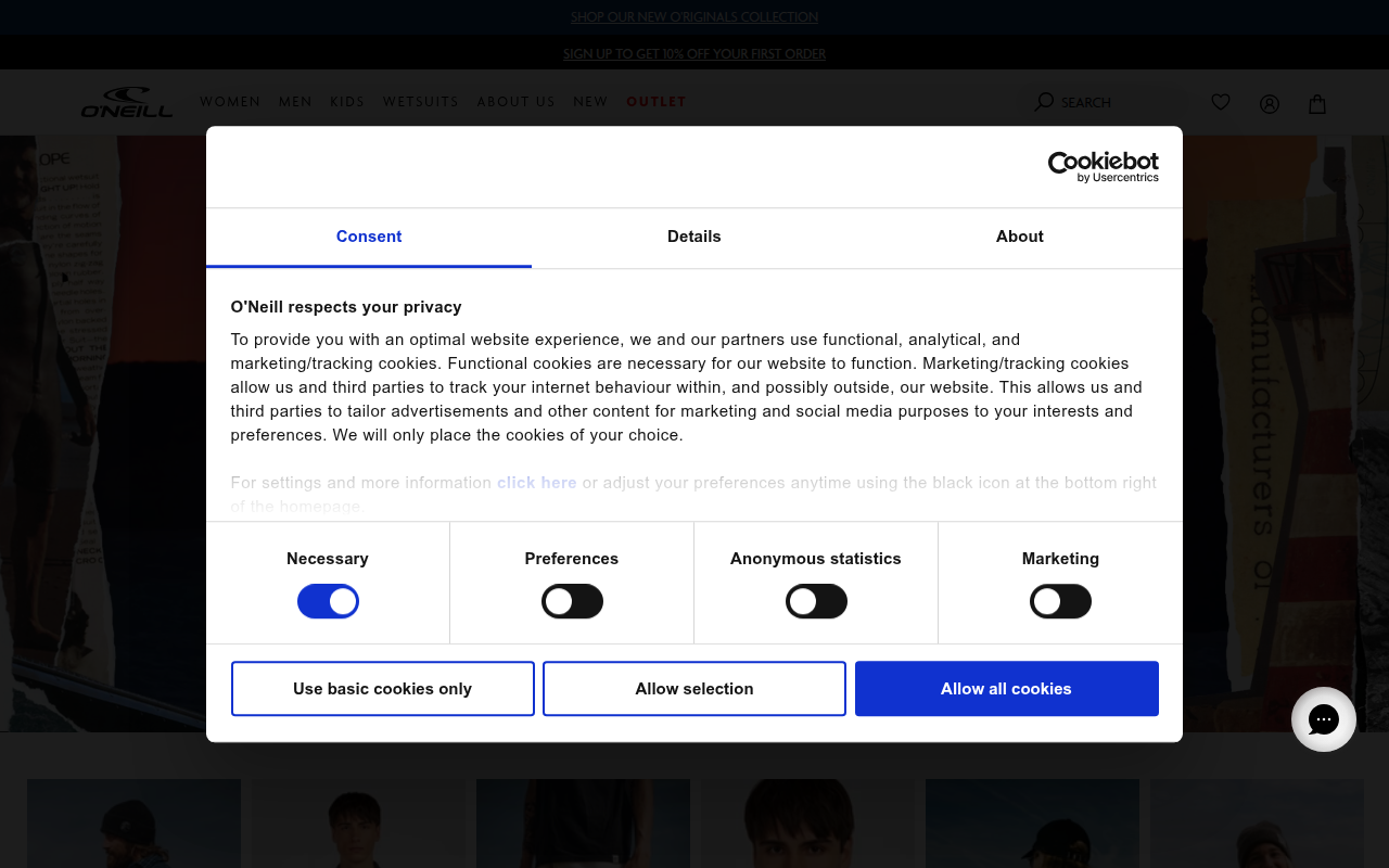 Screenshot van eu.oneill.com