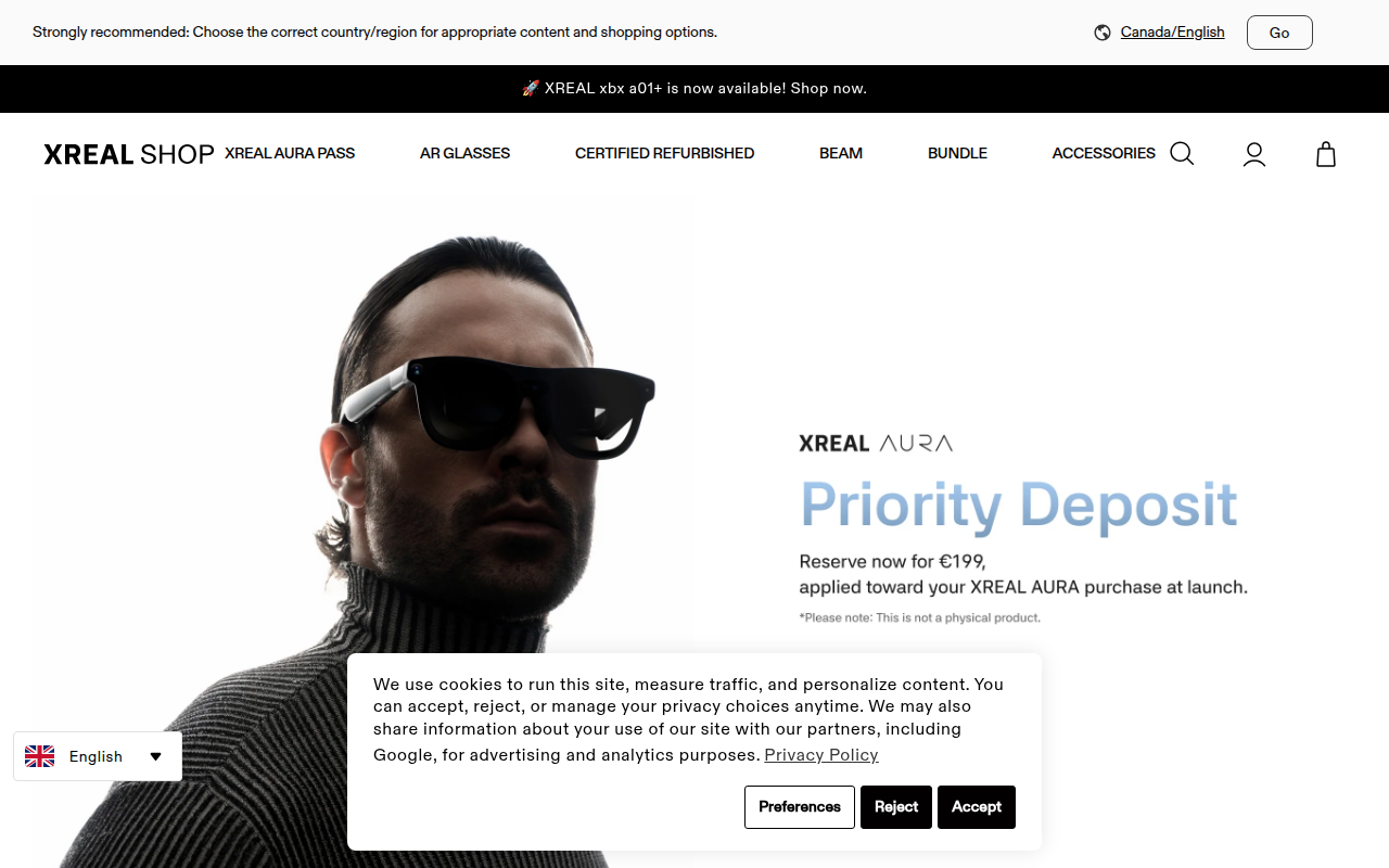 Screenshot van eu.shop.xreal.com