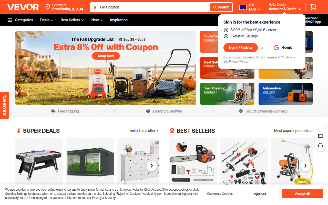 Screenshot van eur.vevor.com