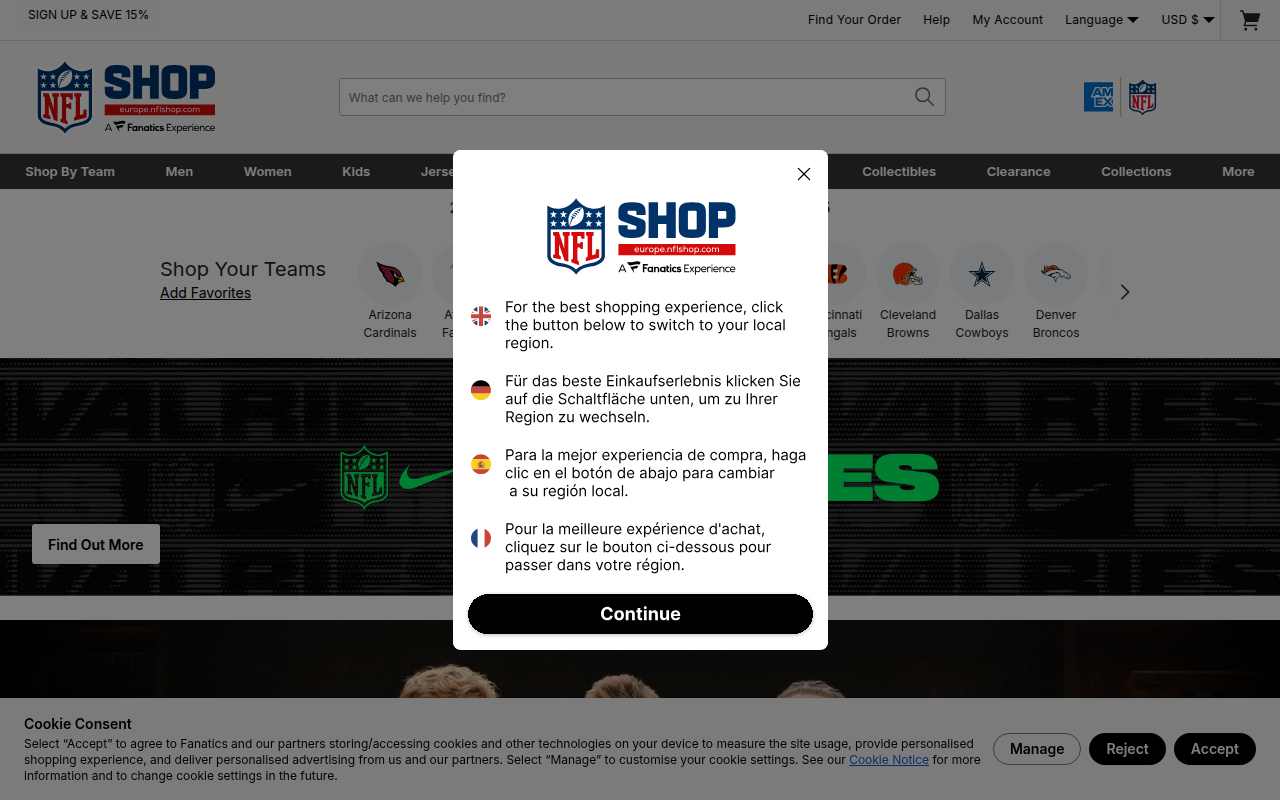 Screenshot van europe.nflshop.com