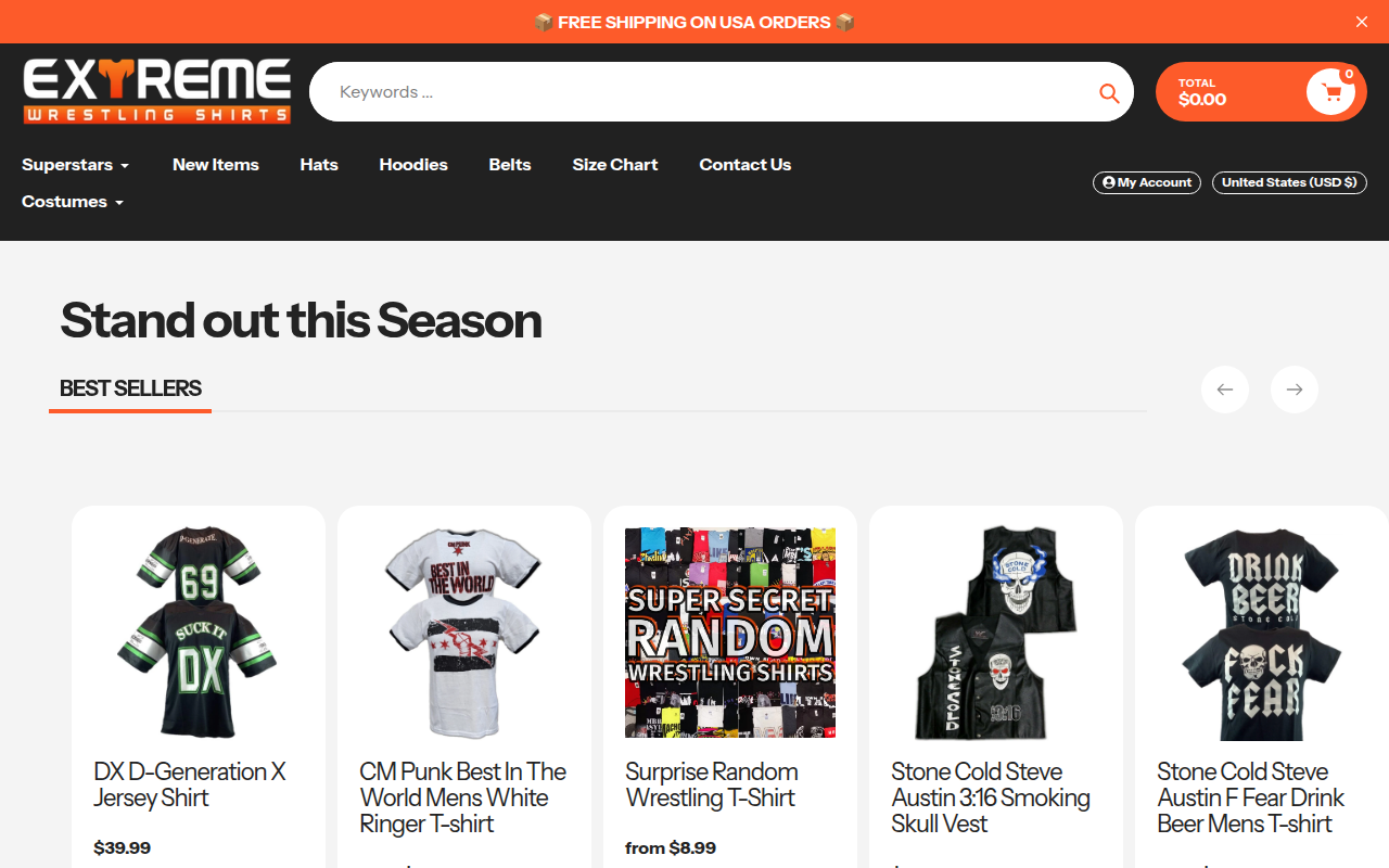Screenshot van extremewrestlingshirts.com