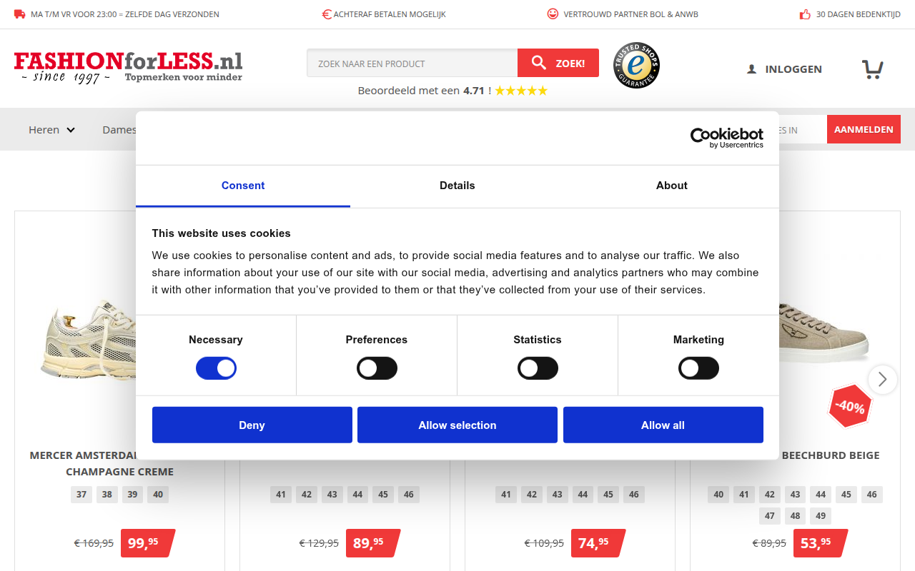 Screenshot van fashionforless.nl