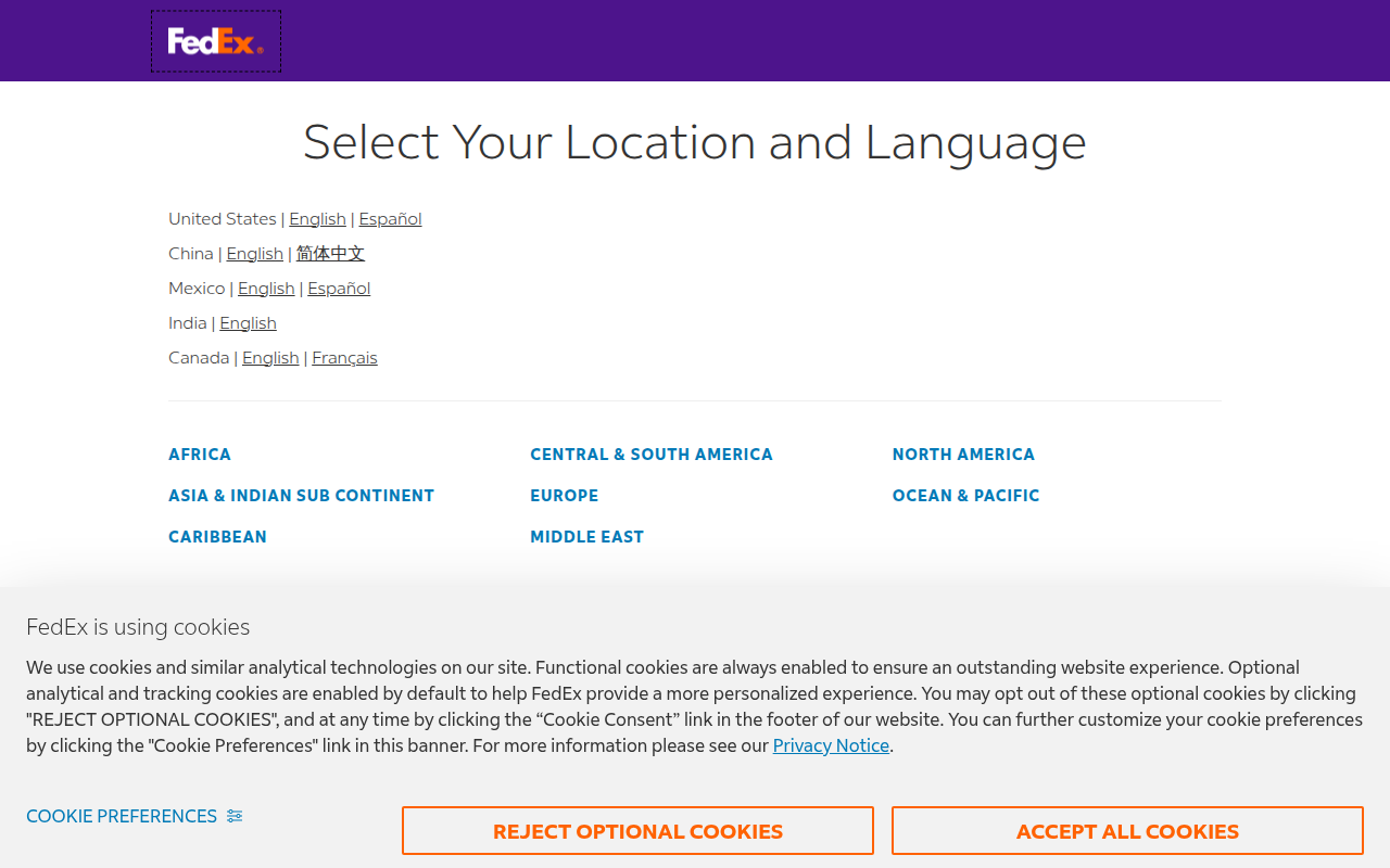 Screenshot van fedex.com
