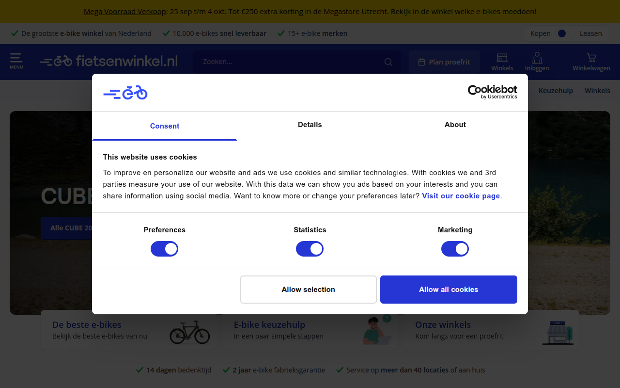 Screenshot van fietsenwinkel.nl