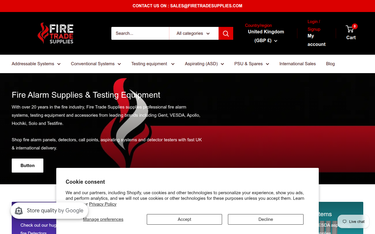 Screenshot van firetradesupplies.com