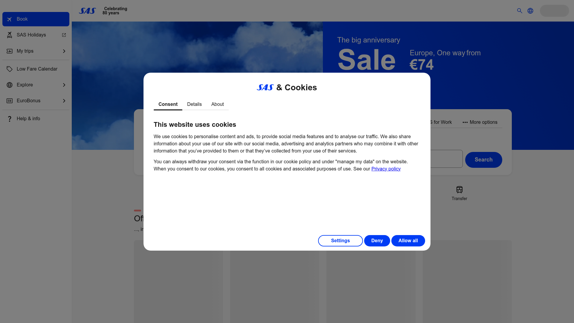 Screenshot van flysas.com