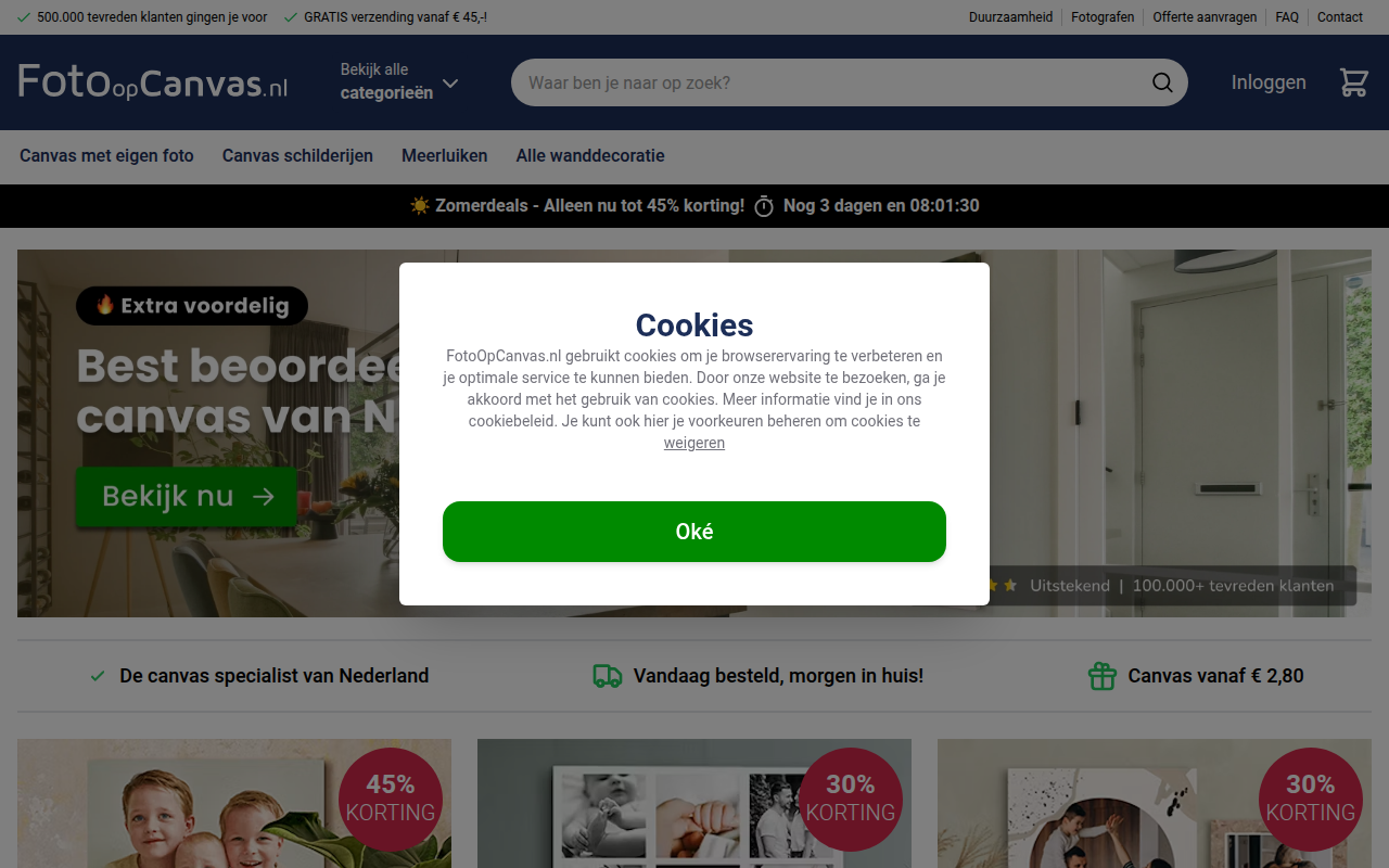 Screenshot van fotoopcanvas.nl
