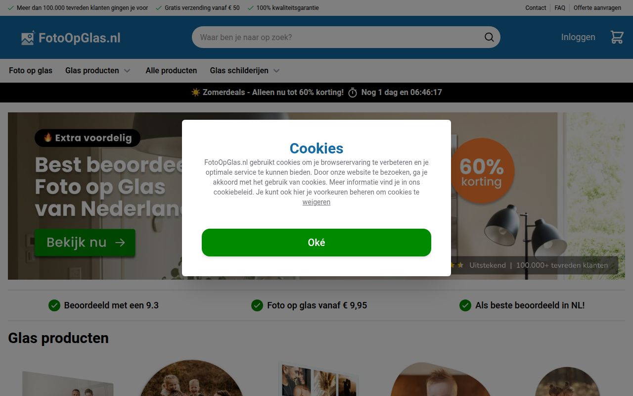 Screenshot van fotoopglas.nl