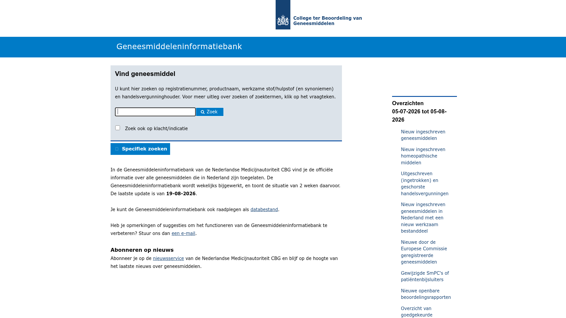 Screenshot van geneesmiddeleninformatiebank.nl