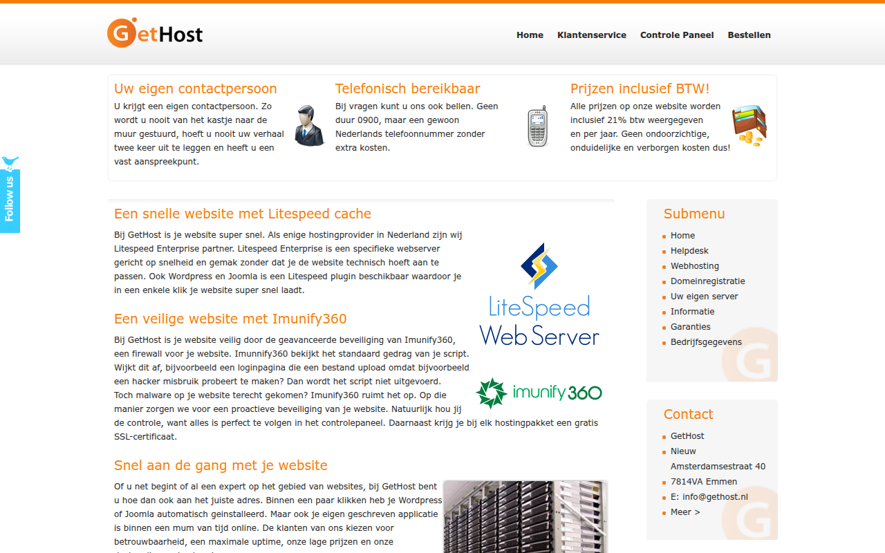 Screenshot van gethost.nl