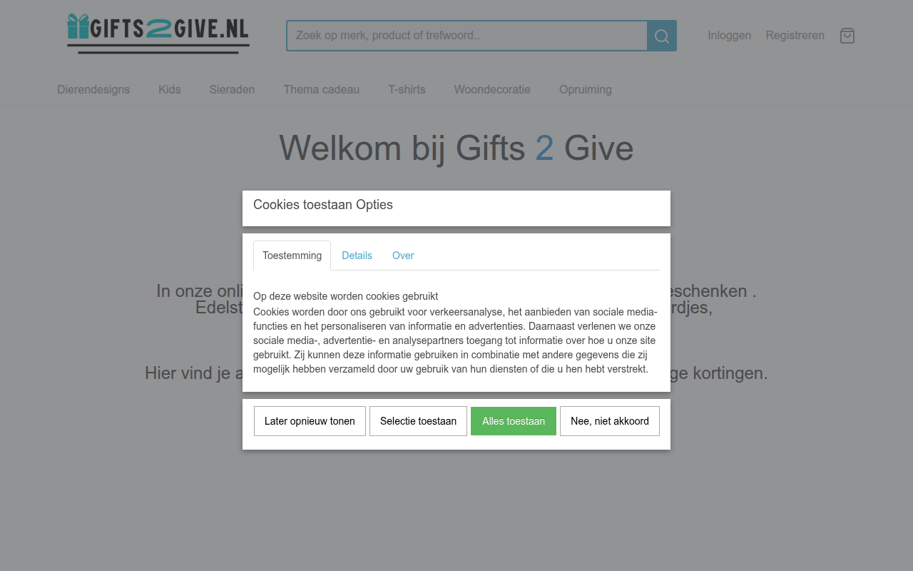 Screenshot van gifts2give.nl