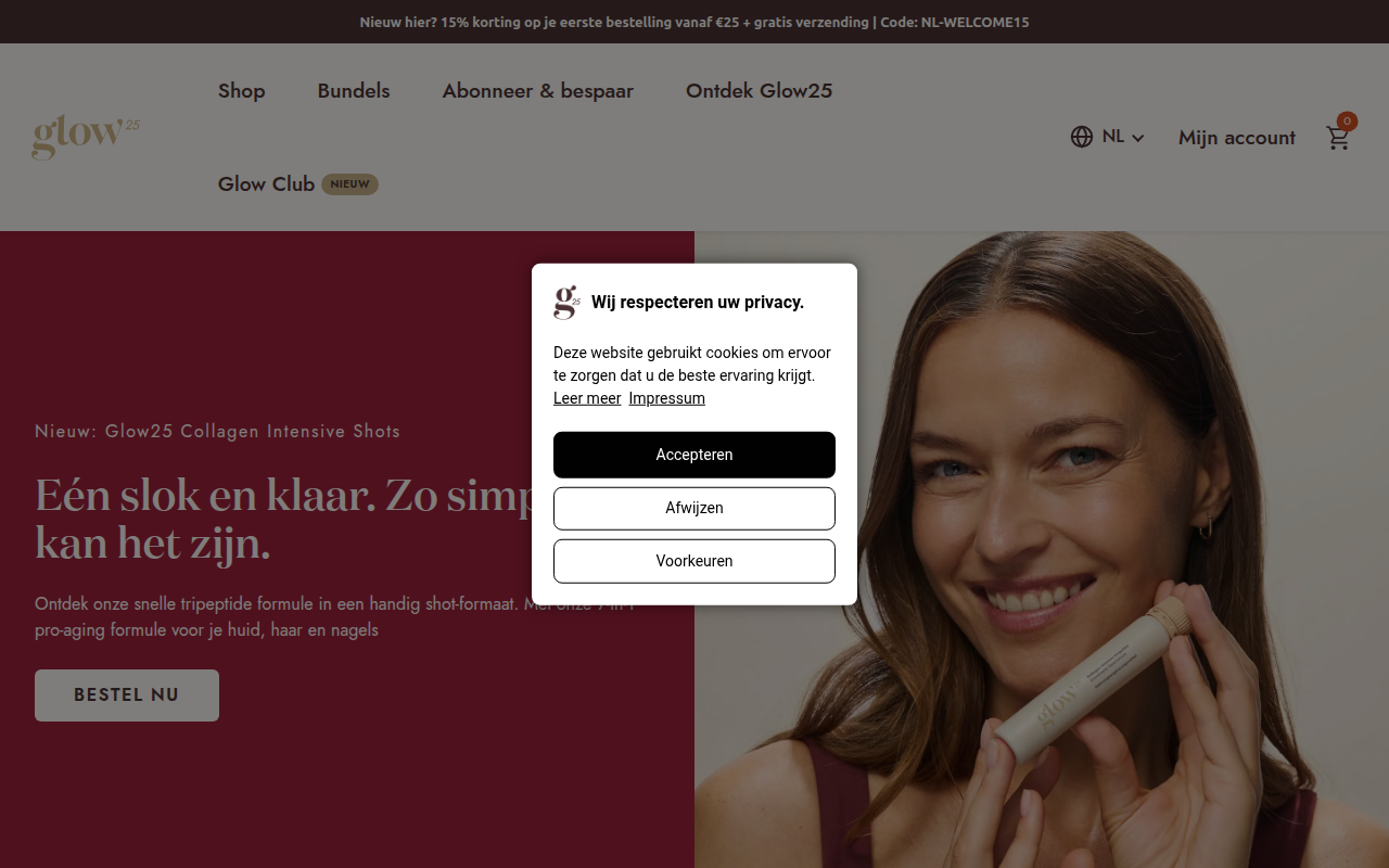Screenshot van glow25.nl