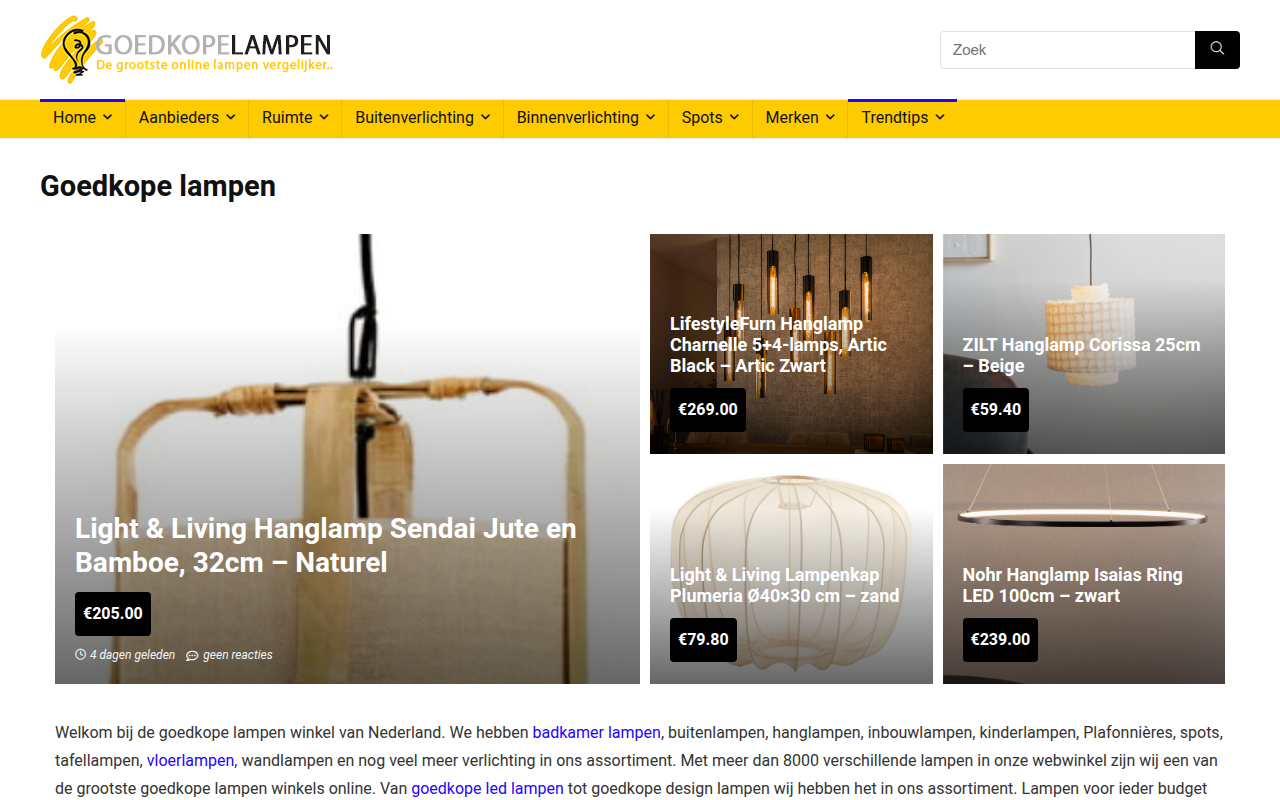 Screenshot van goedkopelampen.nl