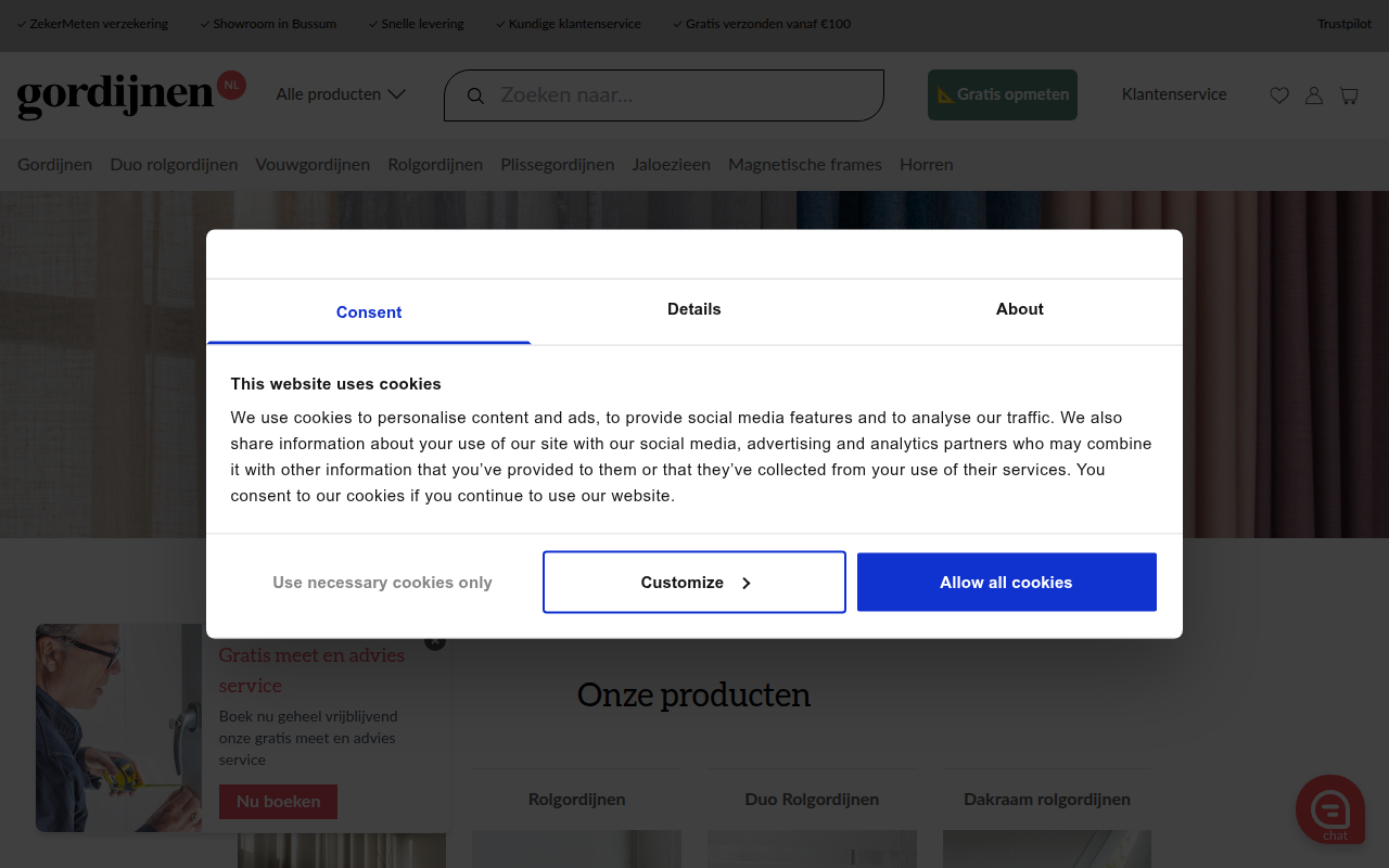 Screenshot van gordijnen.nl