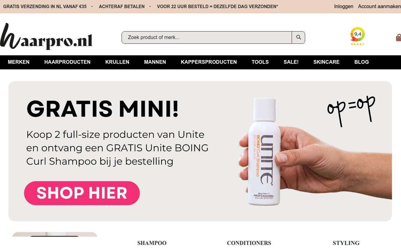 Screenshot van haarpro.nl