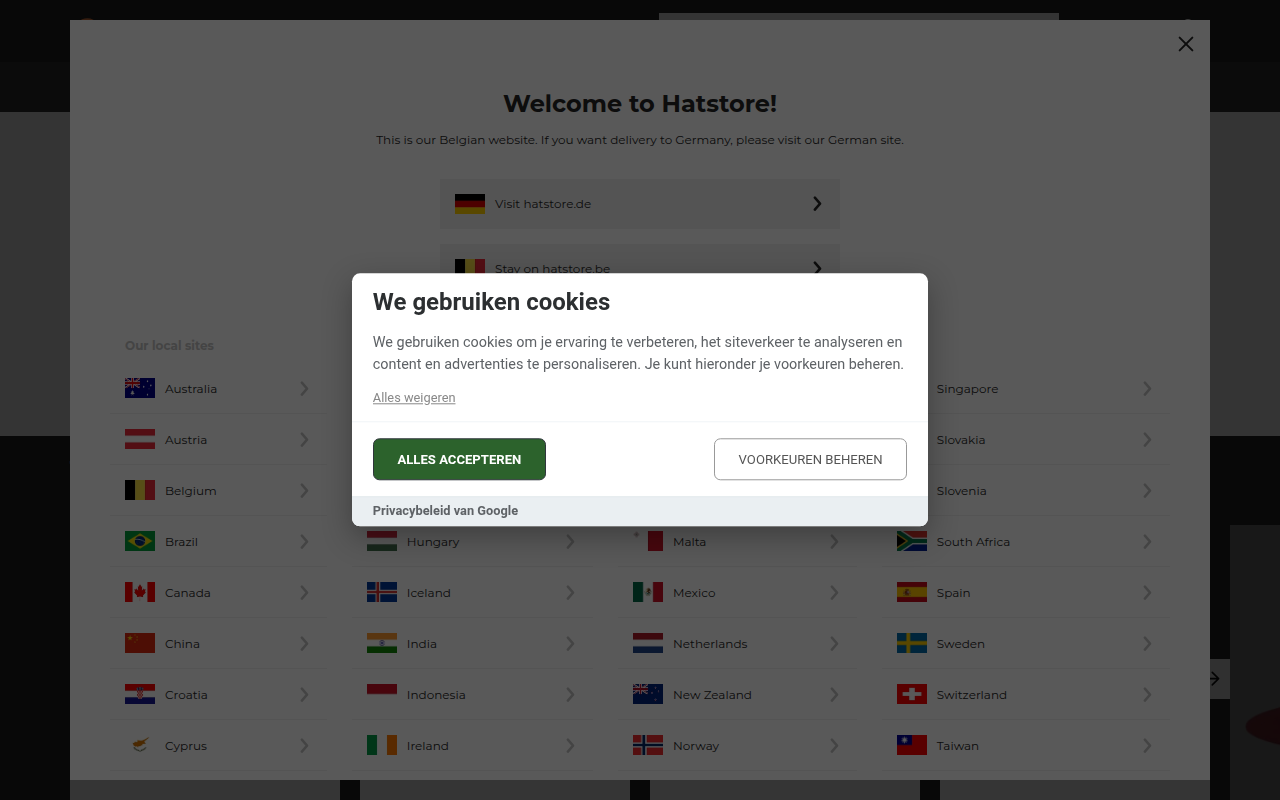 Screenshot van hatstore.be