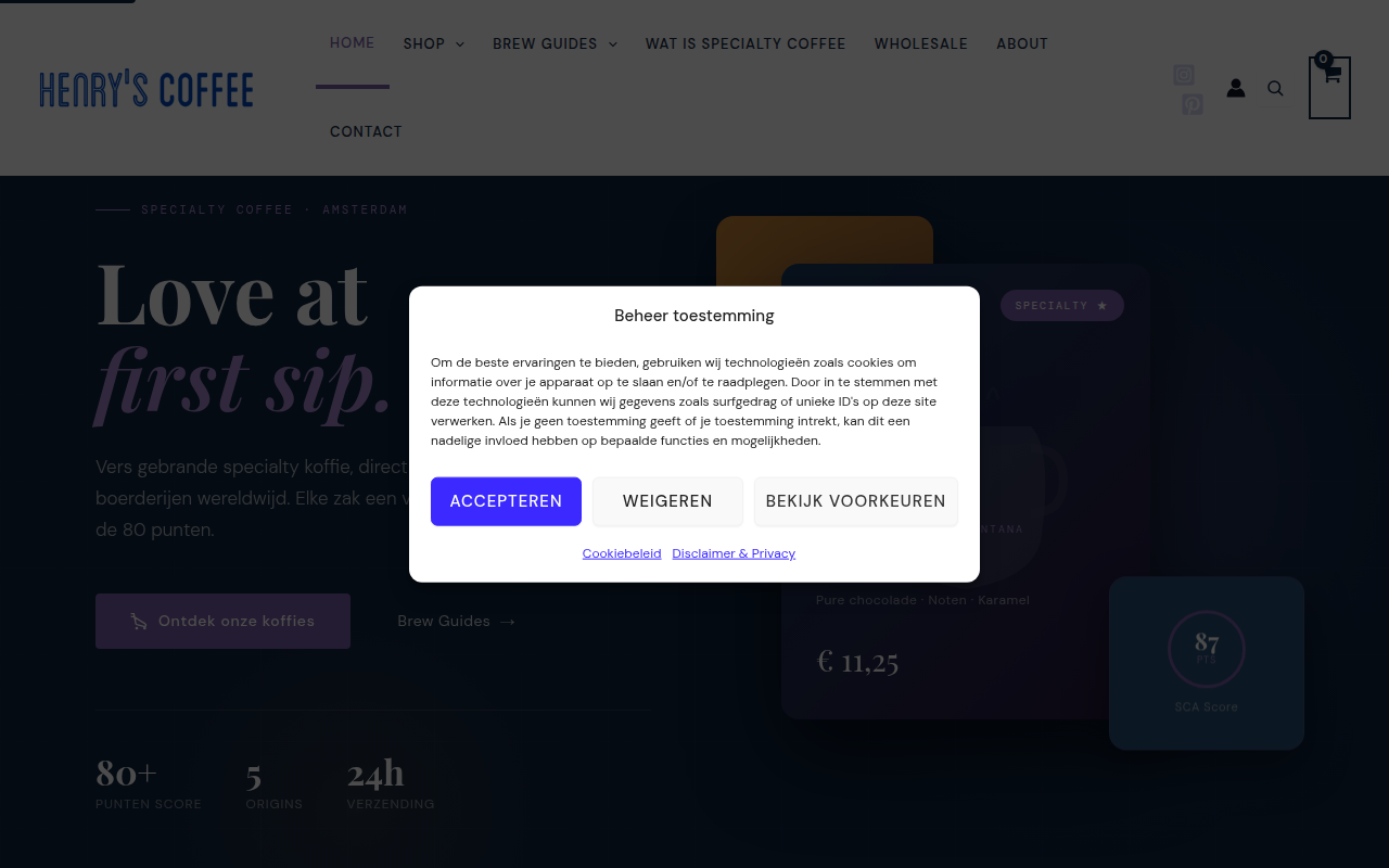 Screenshot van henryscoffee.nl
