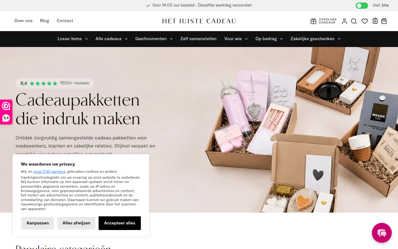 Screenshot van hetjuistecadeau.nl