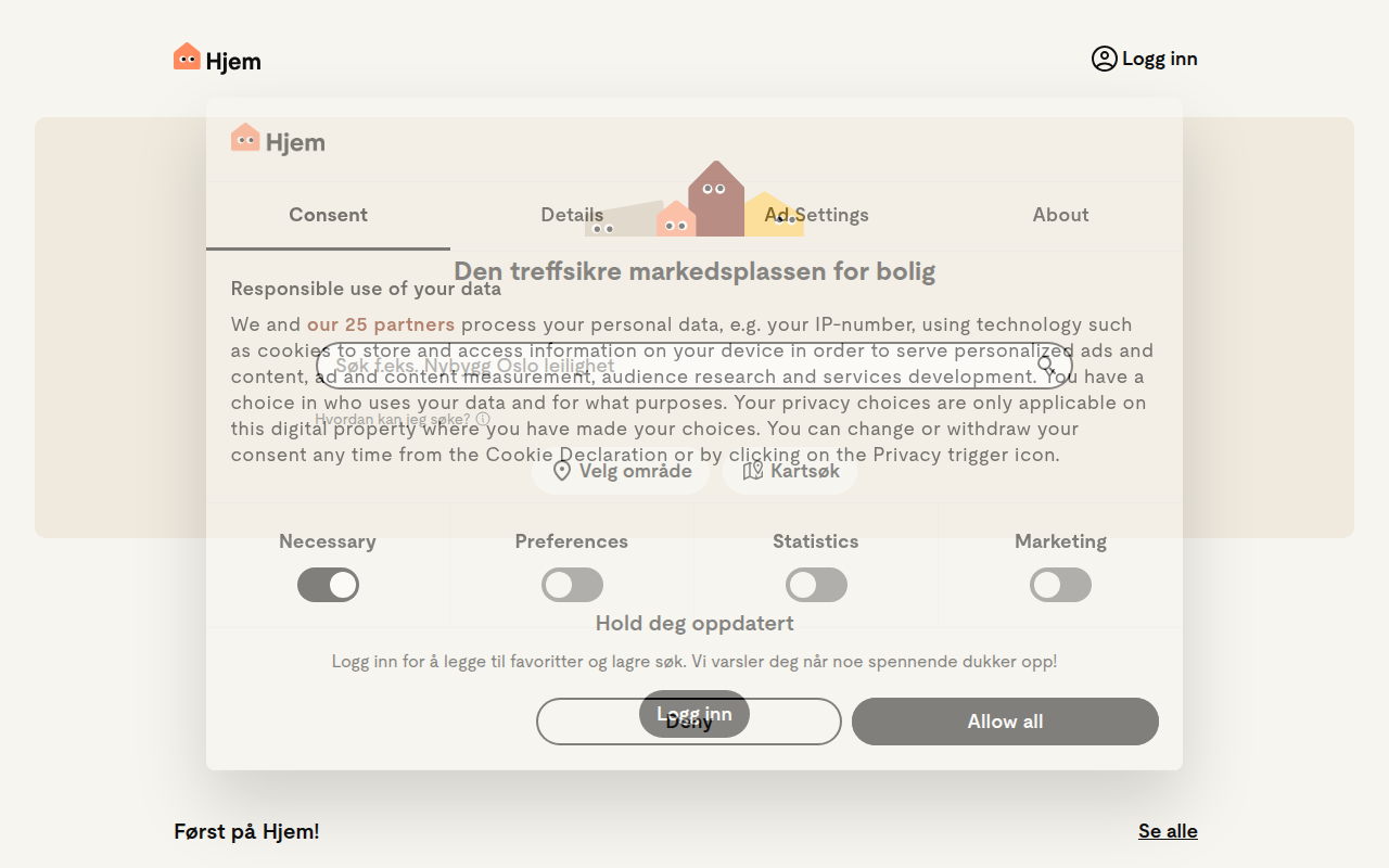 Screenshot van hjem.no