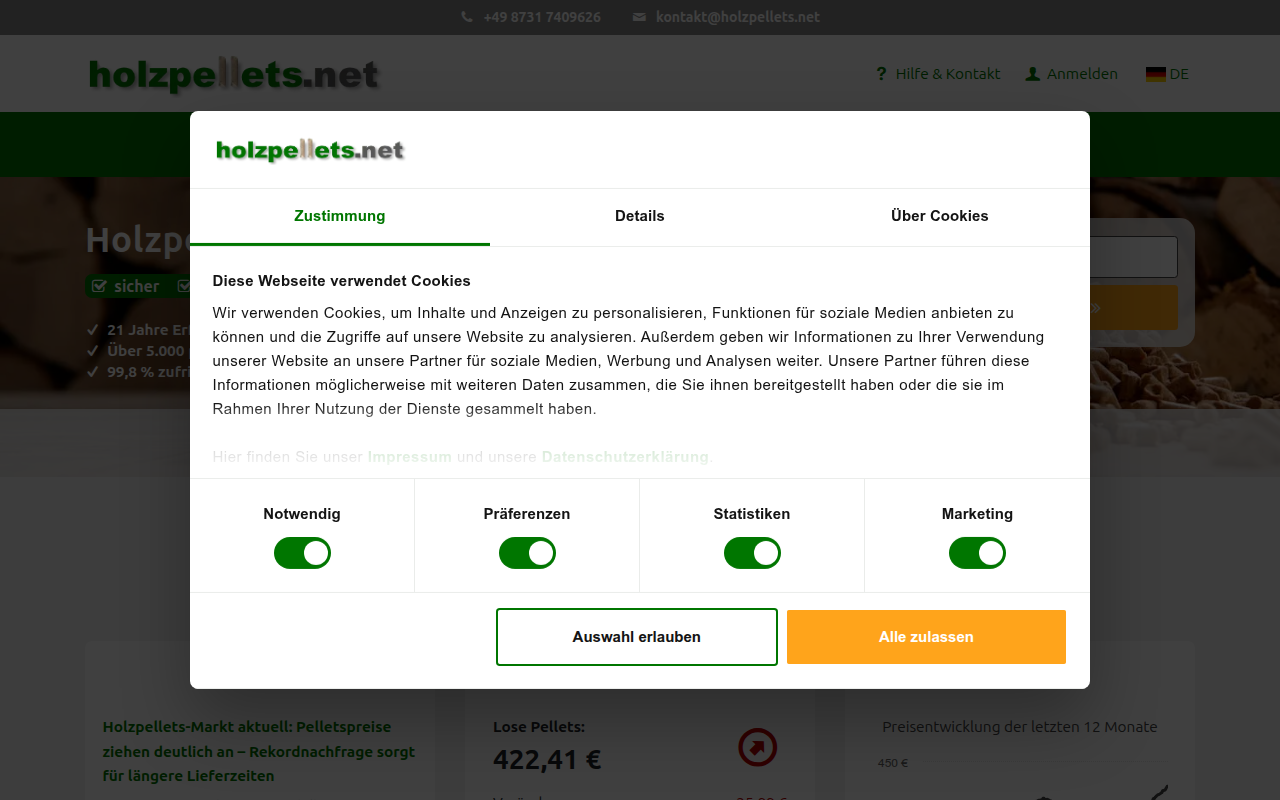 Screenshot van holzpellets.net