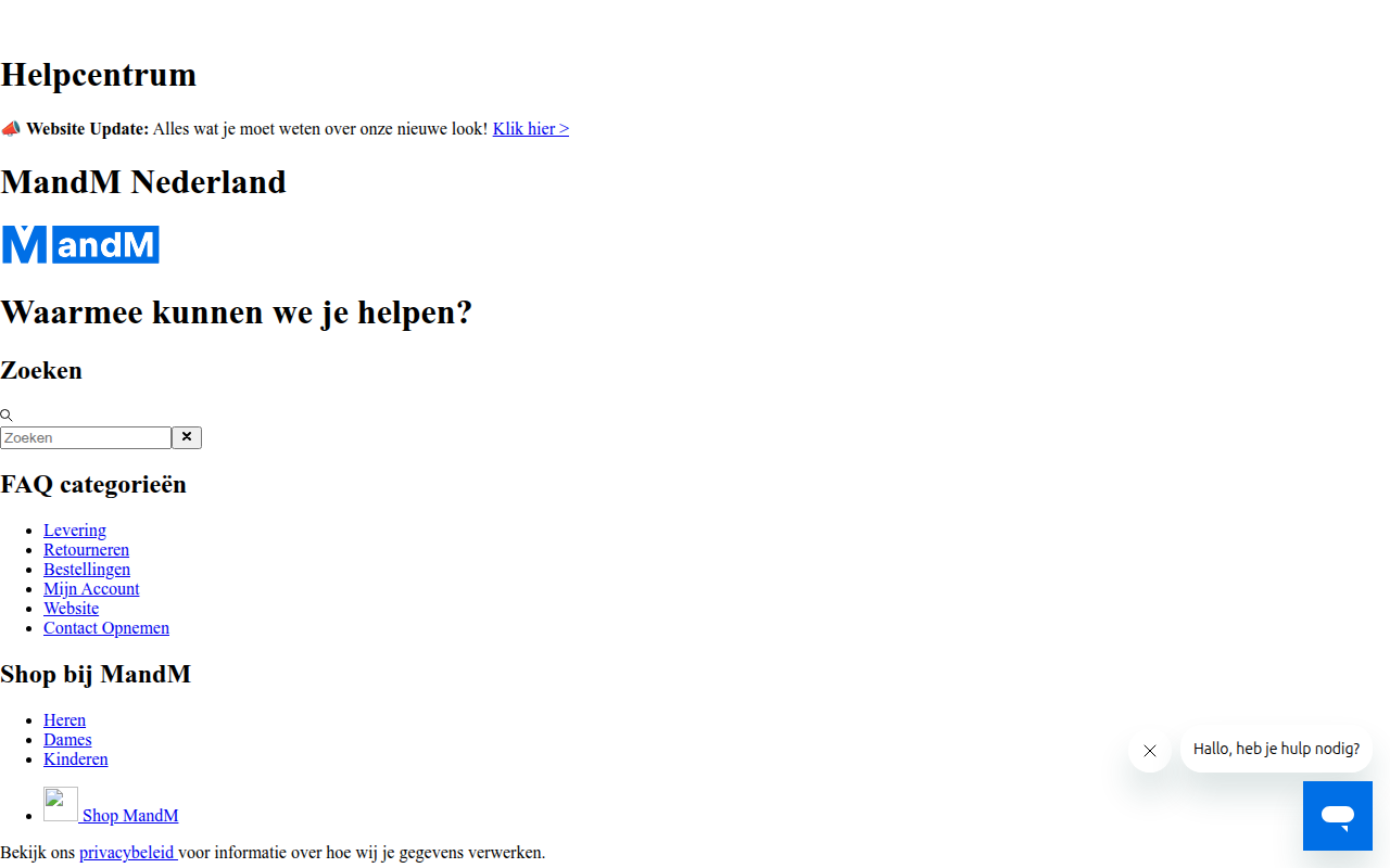 Screenshot van hulp.mandmdirect.nl