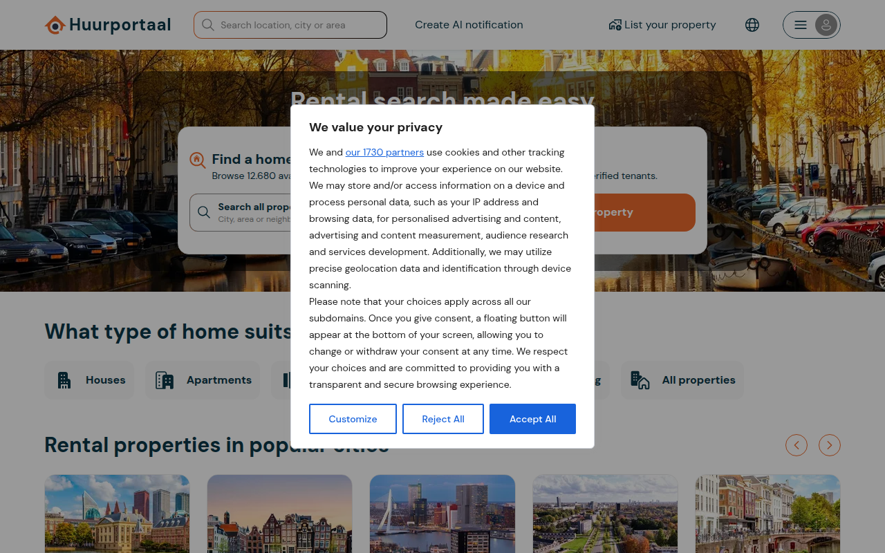 Screenshot van huurportaal.nl