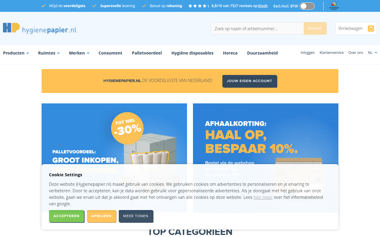 Screenshot van hygienepapier.nl