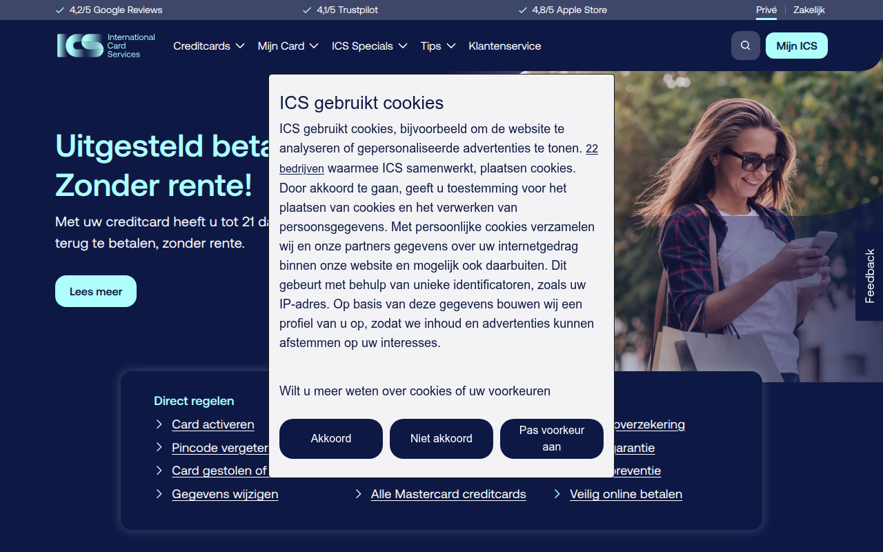 Screenshot van icscards.nl