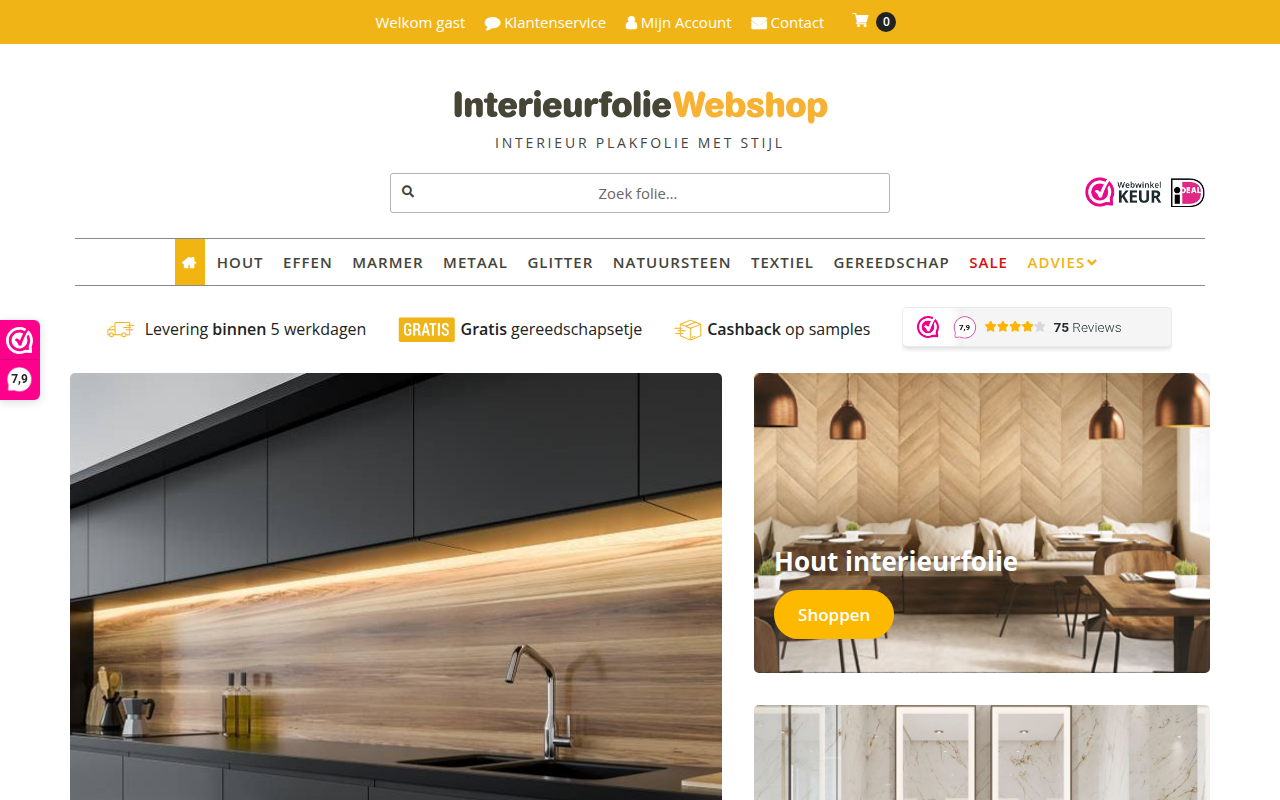 Screenshot van interieurfoliewebshop.nl