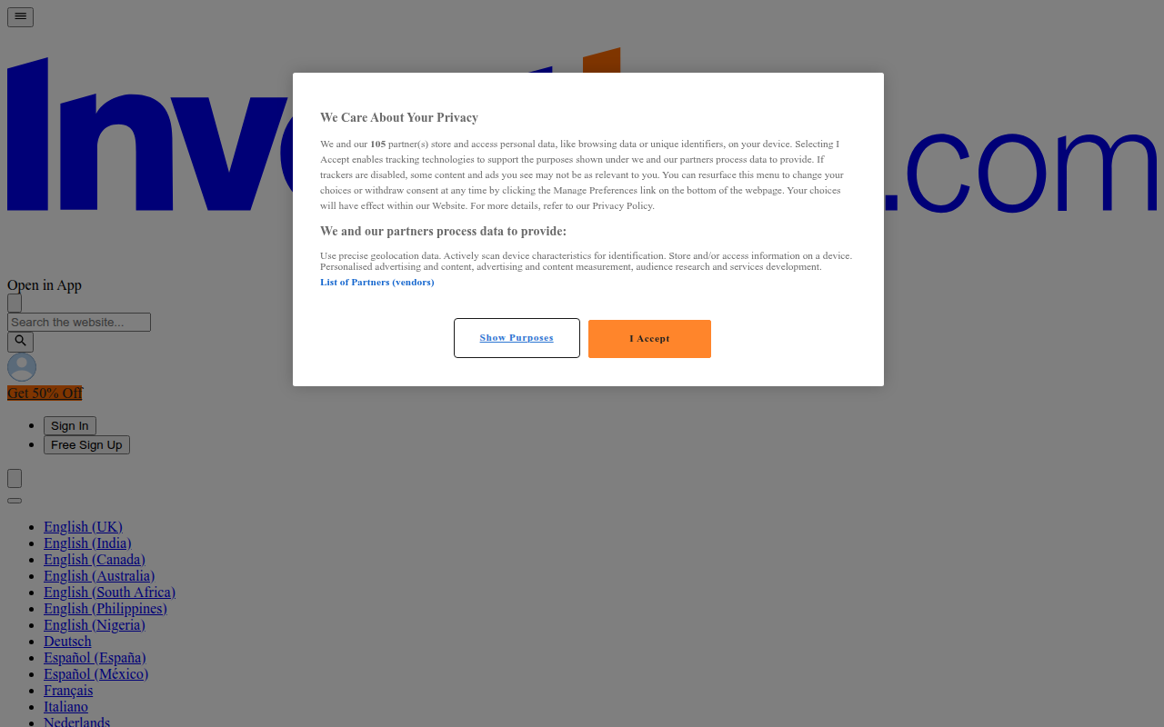 Screenshot van investing.com
