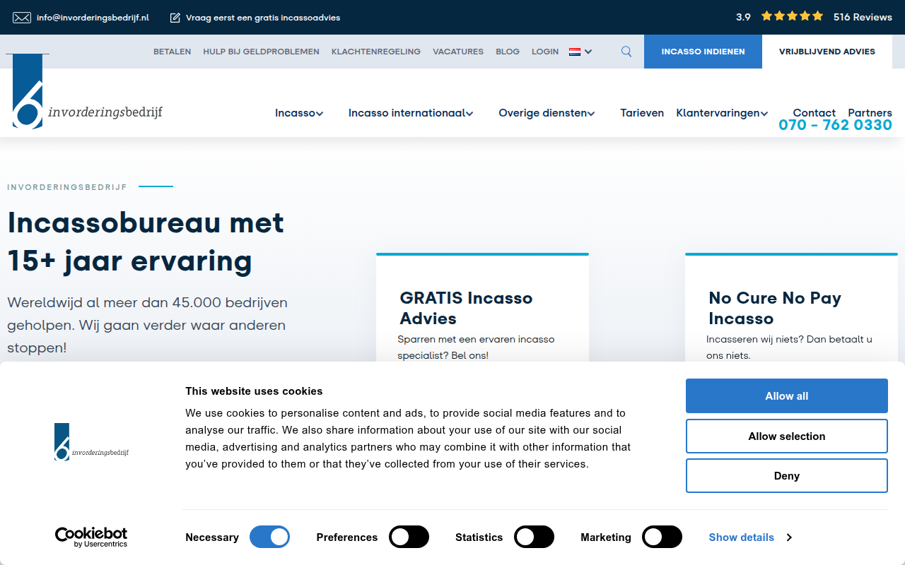 Screenshot van invorderingsbedrijf.nl