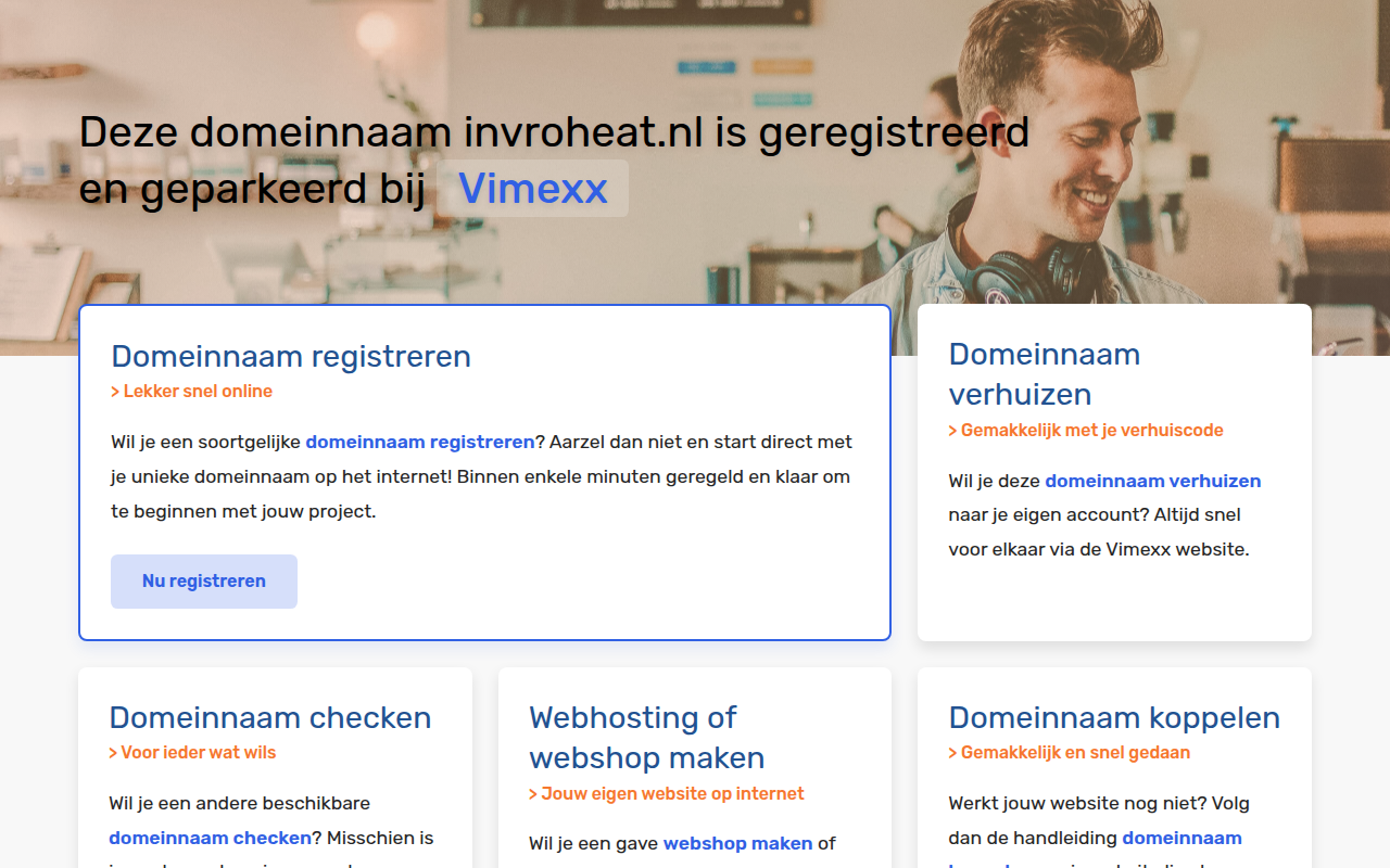 Screenshot van Deze domeinnaam invroheat.nl is geregistreerd en geparkeerd bij Vimexx