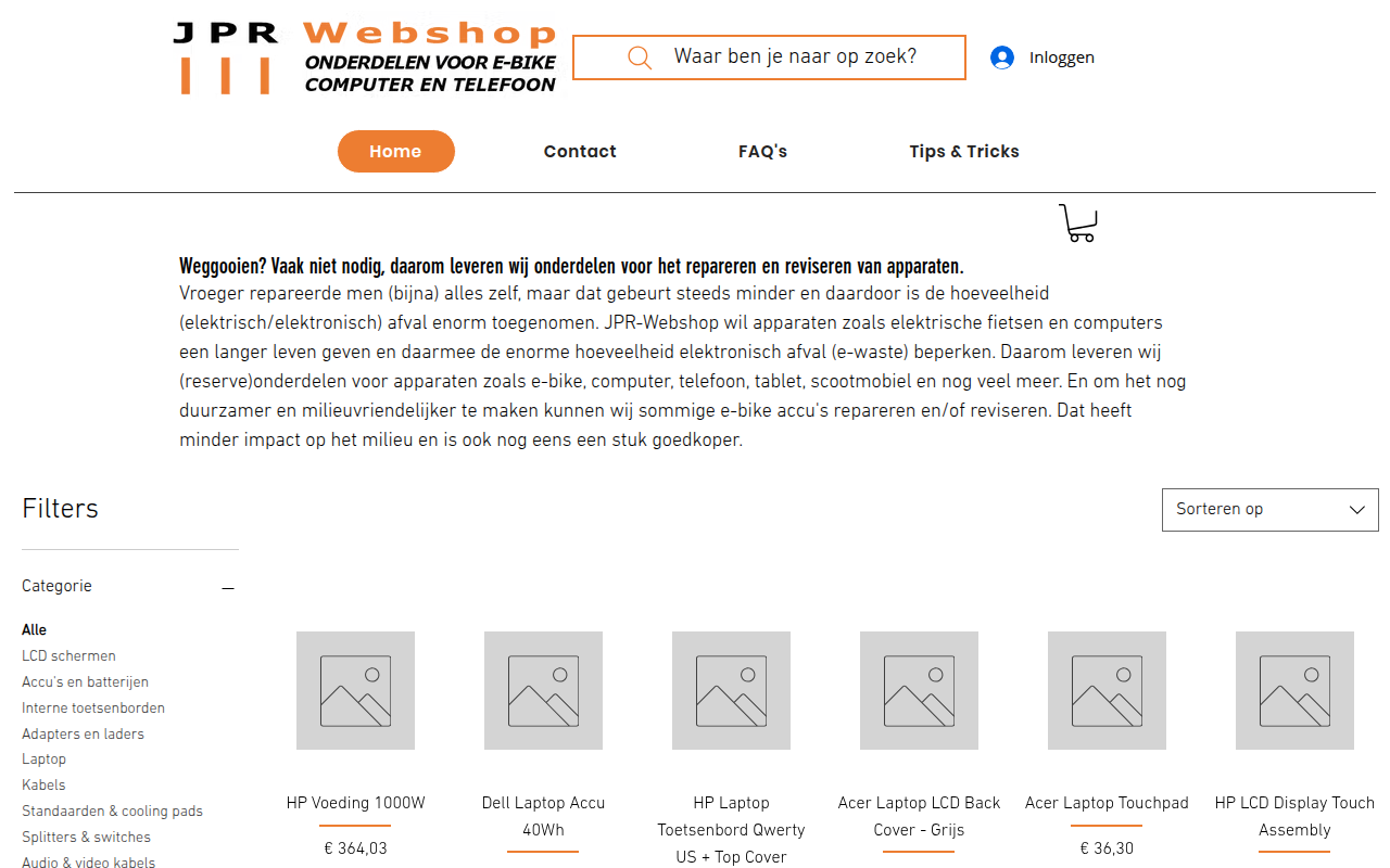 Screenshot van jpr-webshop.nl